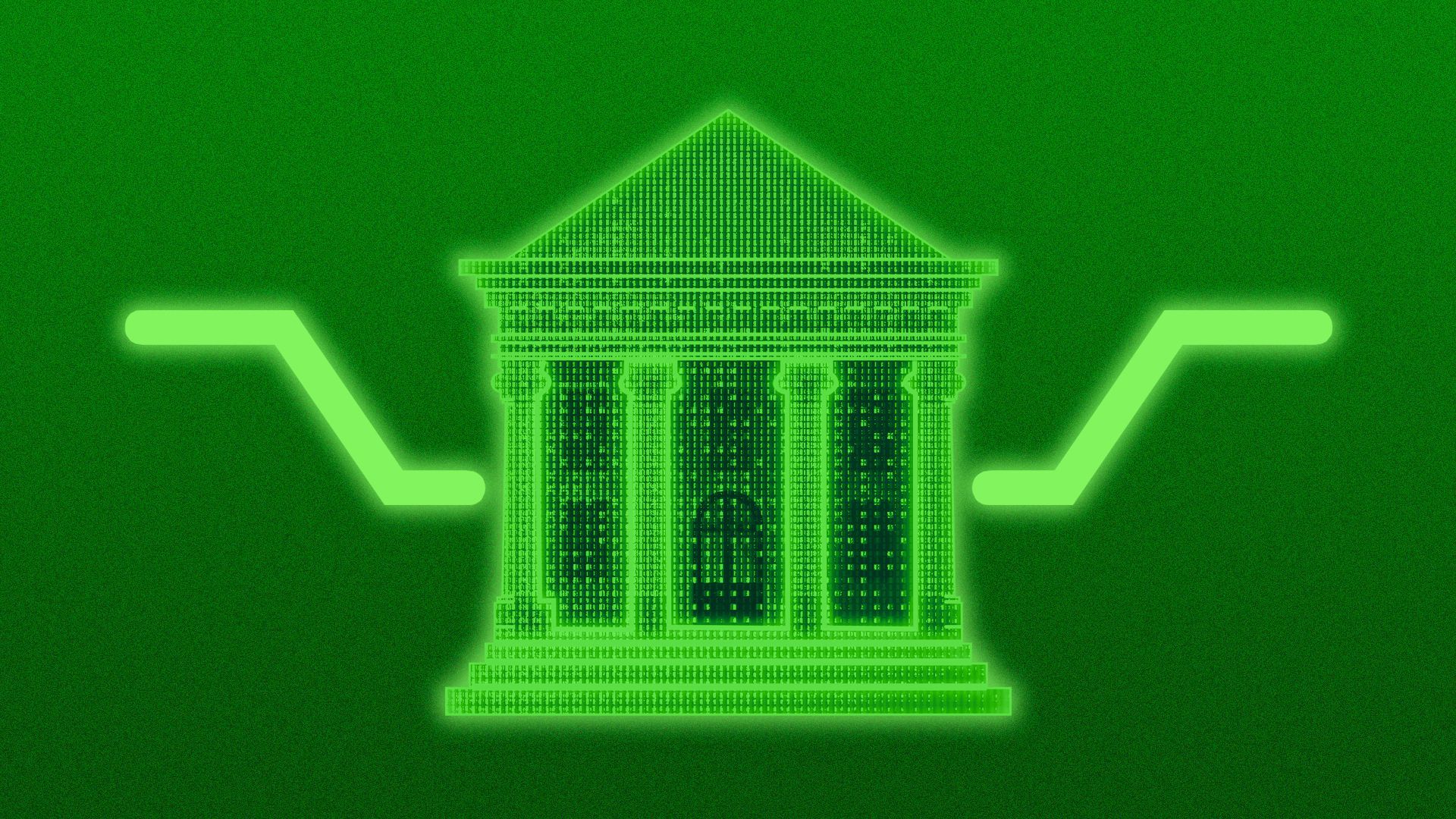 Illustration of a digitized bank building with arms shrugging.