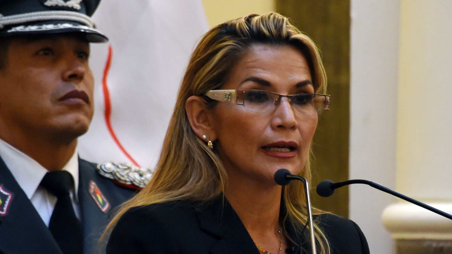 Bolivia's interim President Jeanine Anez speaks at a press conference