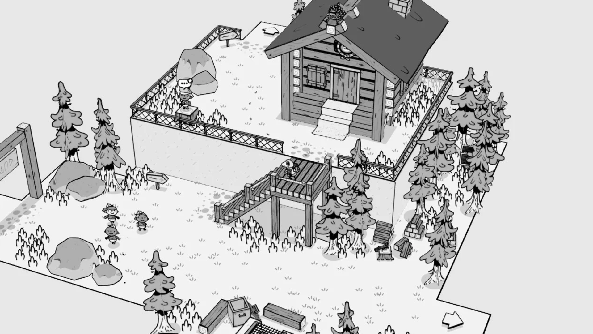 Video game screenshot of a black and white village