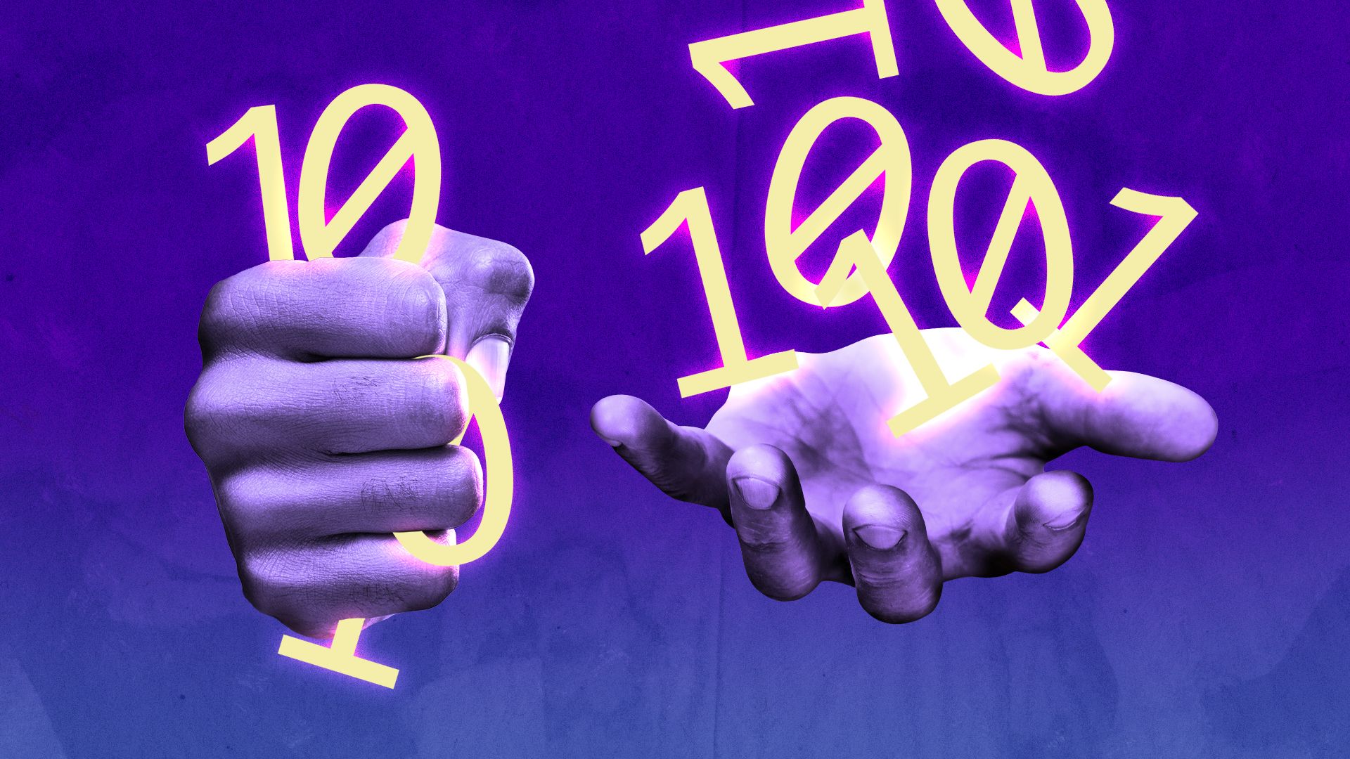 Illustration of one hand in a fist holding binary code and one open hand revealing binary code