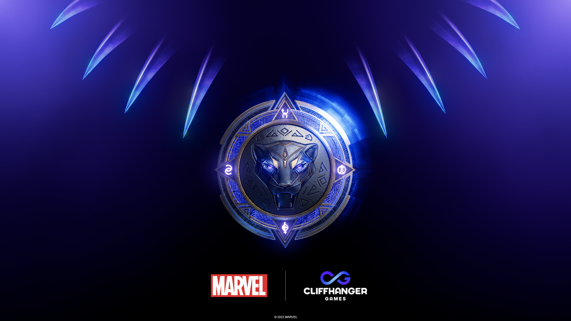 Image of a Black Panther logo above logos for Marvel and Cliffhanger Games