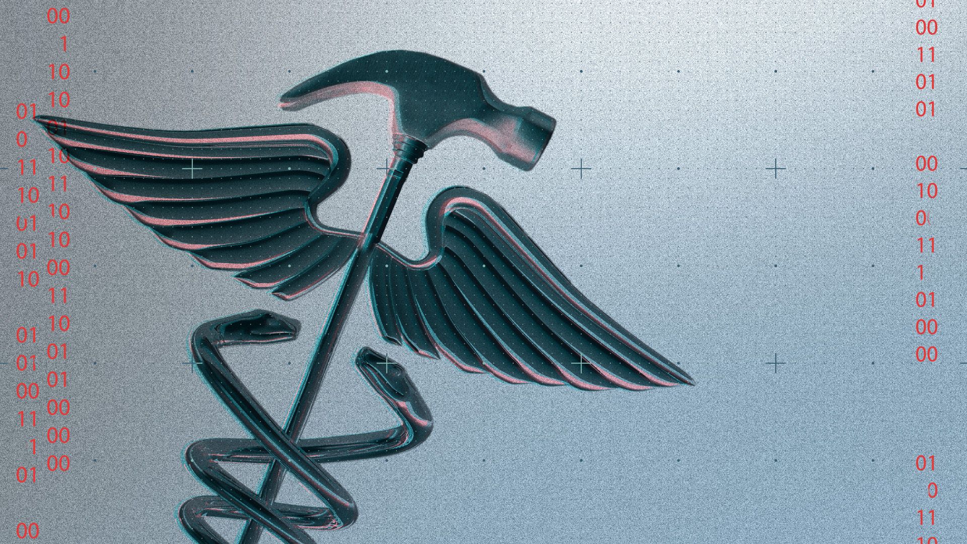Illustrated collage of a caduceus with a hammer fused to the center rod, overlaid with a tech grid pattern and bits of binary along the edges.
