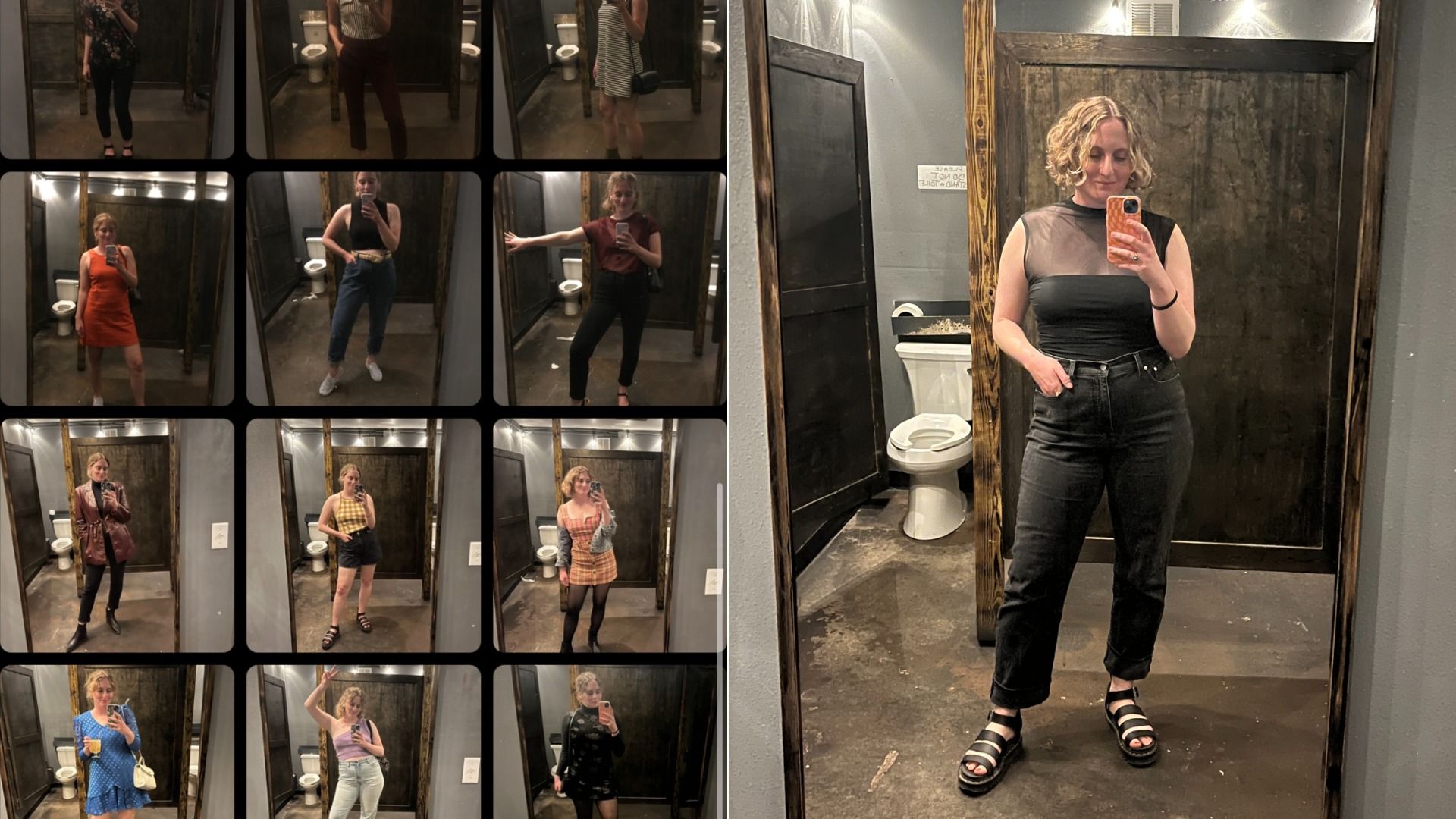 A series of mirror selfies taken by the same woman in the same bathroom. 