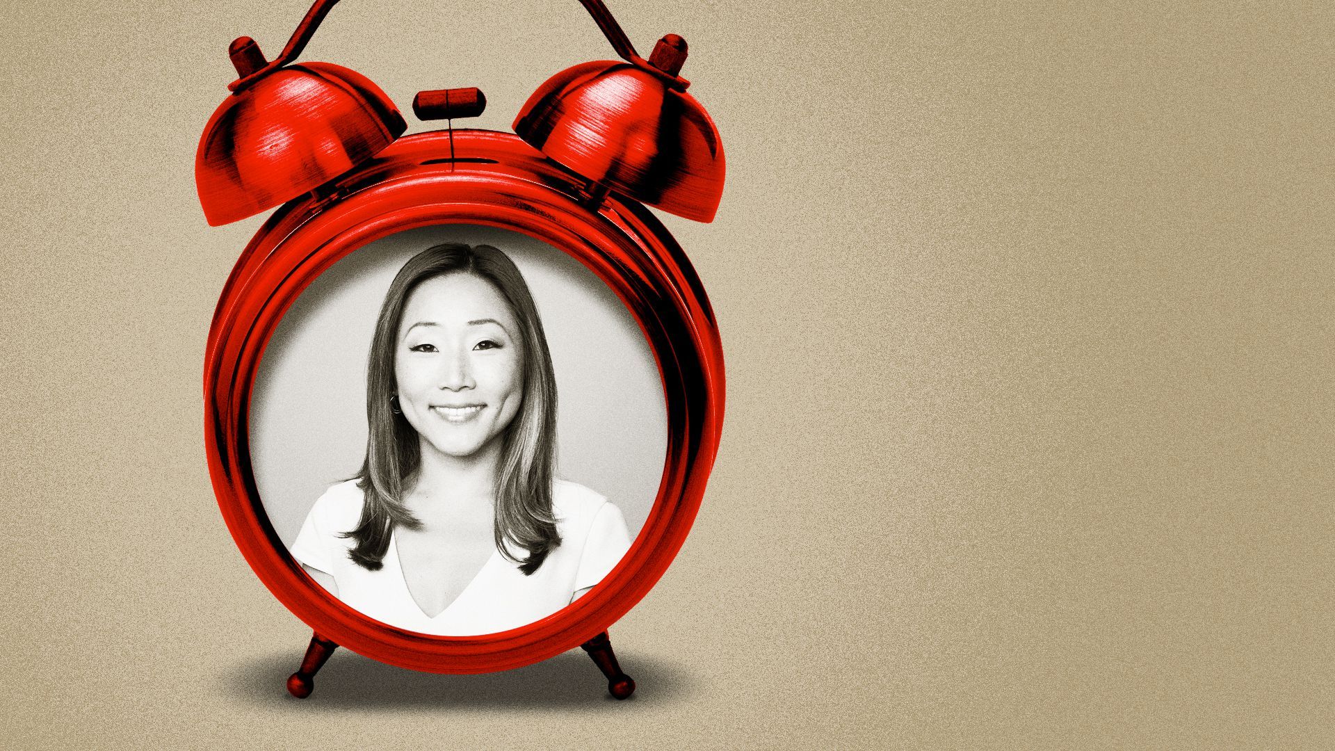 Photo illustration collage of MJ Lee inside a red alarm clock.