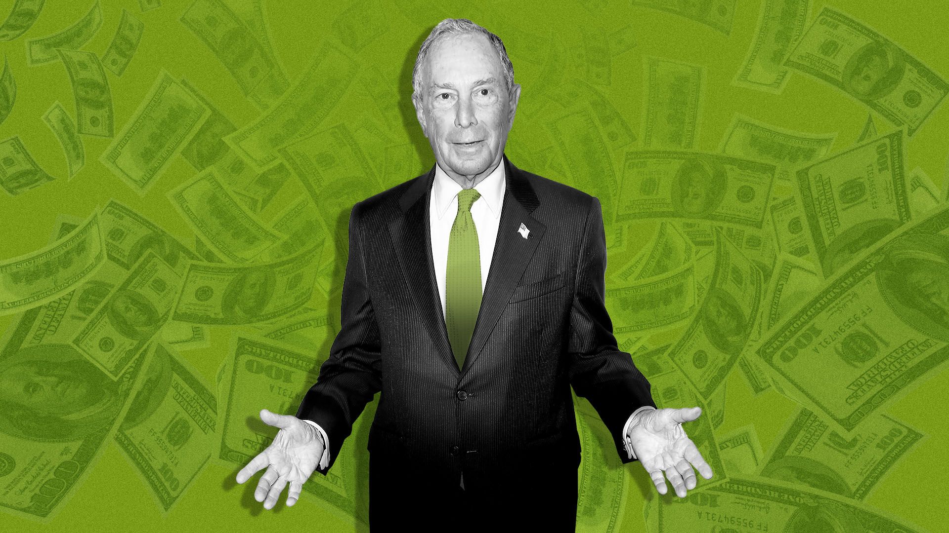 In this illustration, Bloomberg stands behind a wall of money