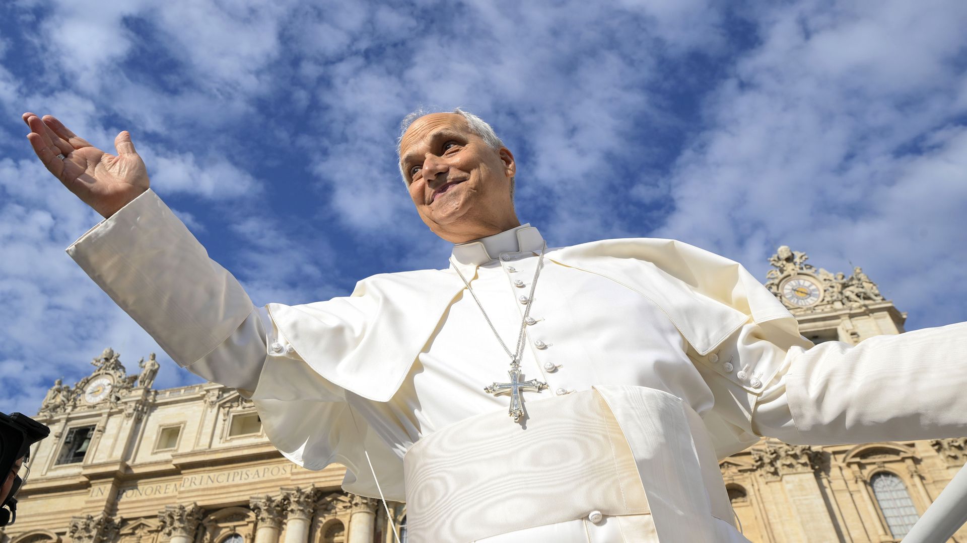 Pope Leo XIV greets faithful and pilgrims as he arrives in St. Peter's Square for his weekly General Audience on October 01, 2025 in Vatican City, Vatican.
