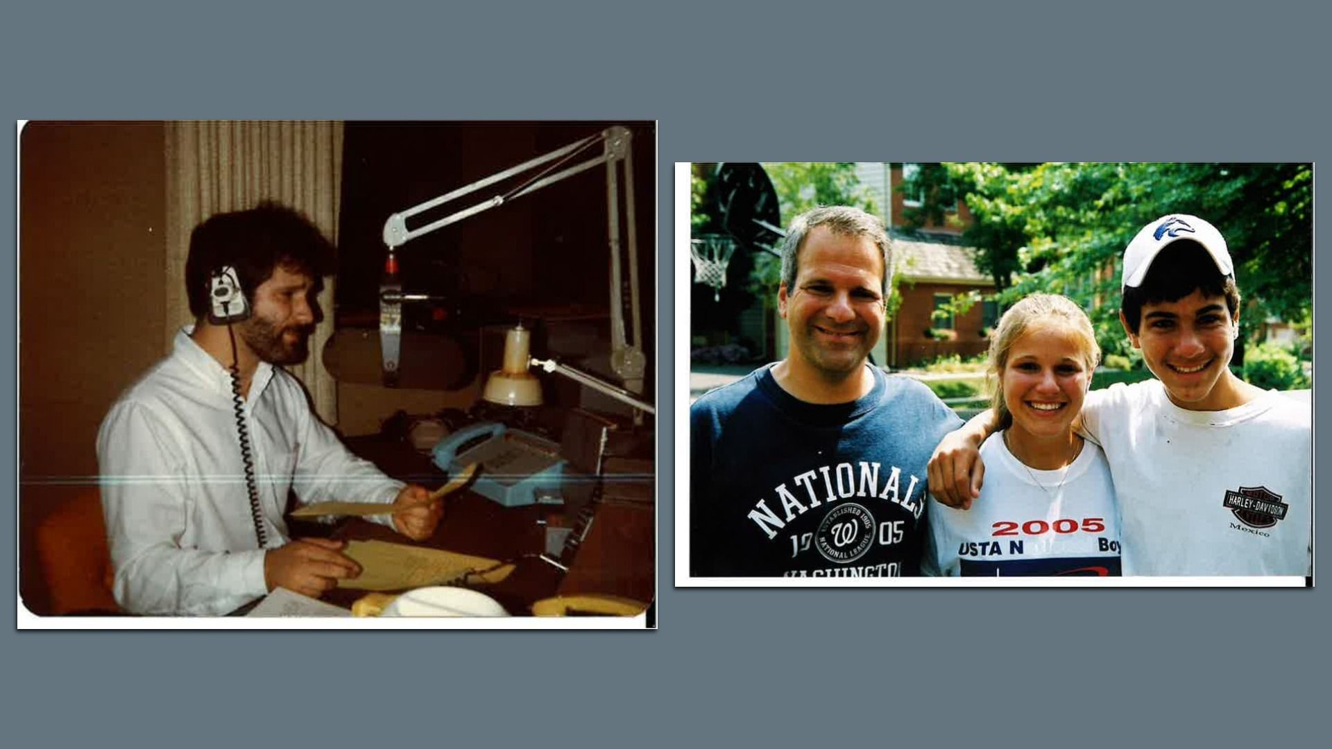 Two photos: left a man in a radio studio with headphones at a mic; right three friends outdoors smiling, including a man in a blue shirt, a girl, and a boy in a white cap.
