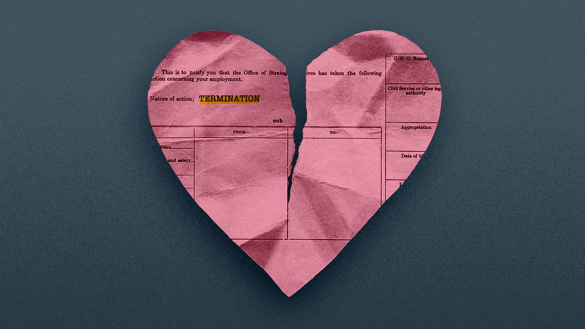 Illustration of a pink slip shaped like a broken heart. 