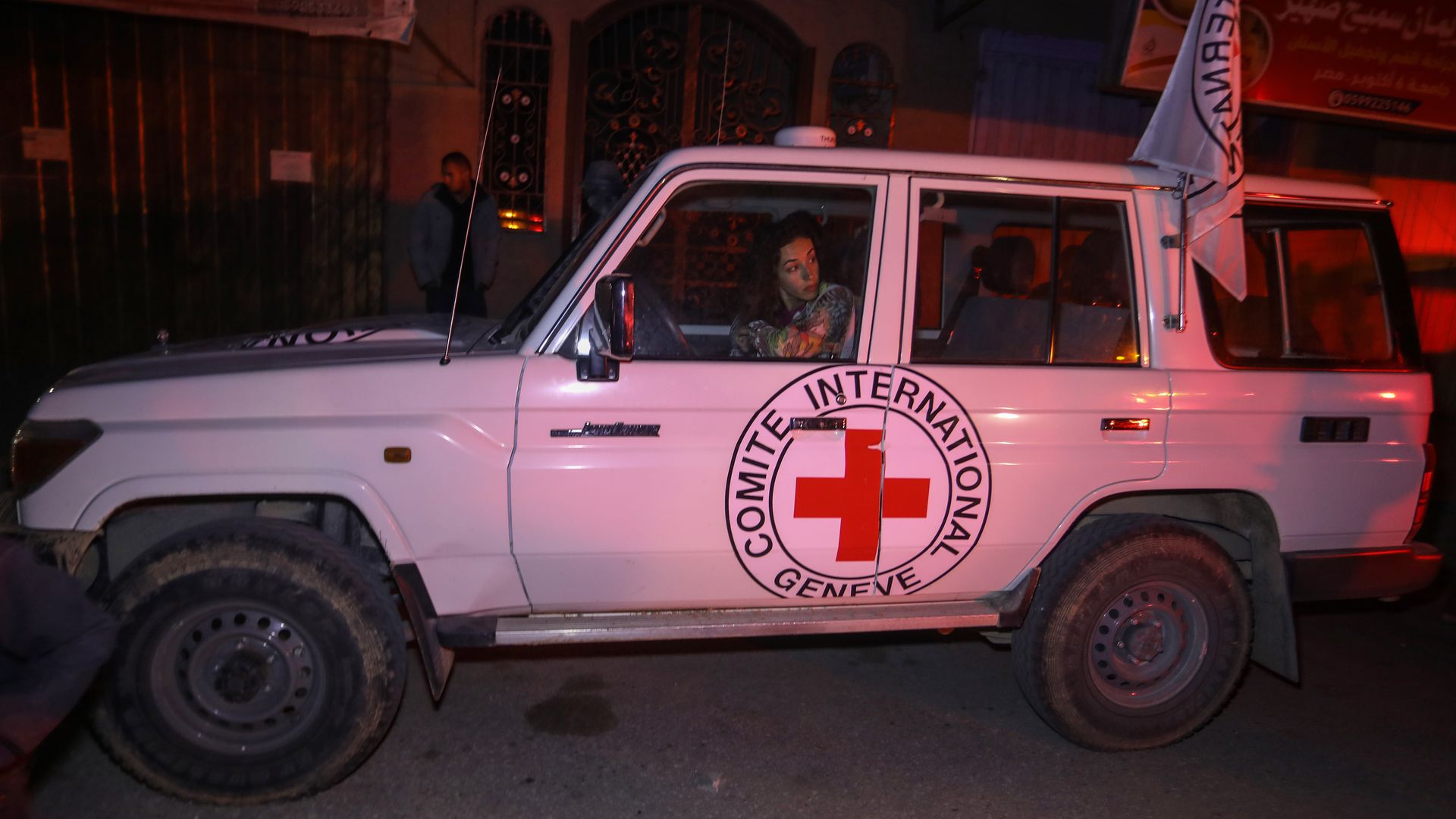 Hamas hands over 10 Israeli hostages to the International Committee of the Red Cross in Gaza City, Gaza on November 28, 2023. (Photo by Stringer/Anadolu via Getty Images)