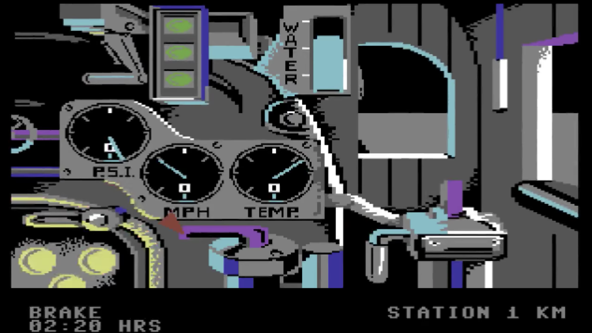 Screenshot of an old computer game showing the inside of a train
