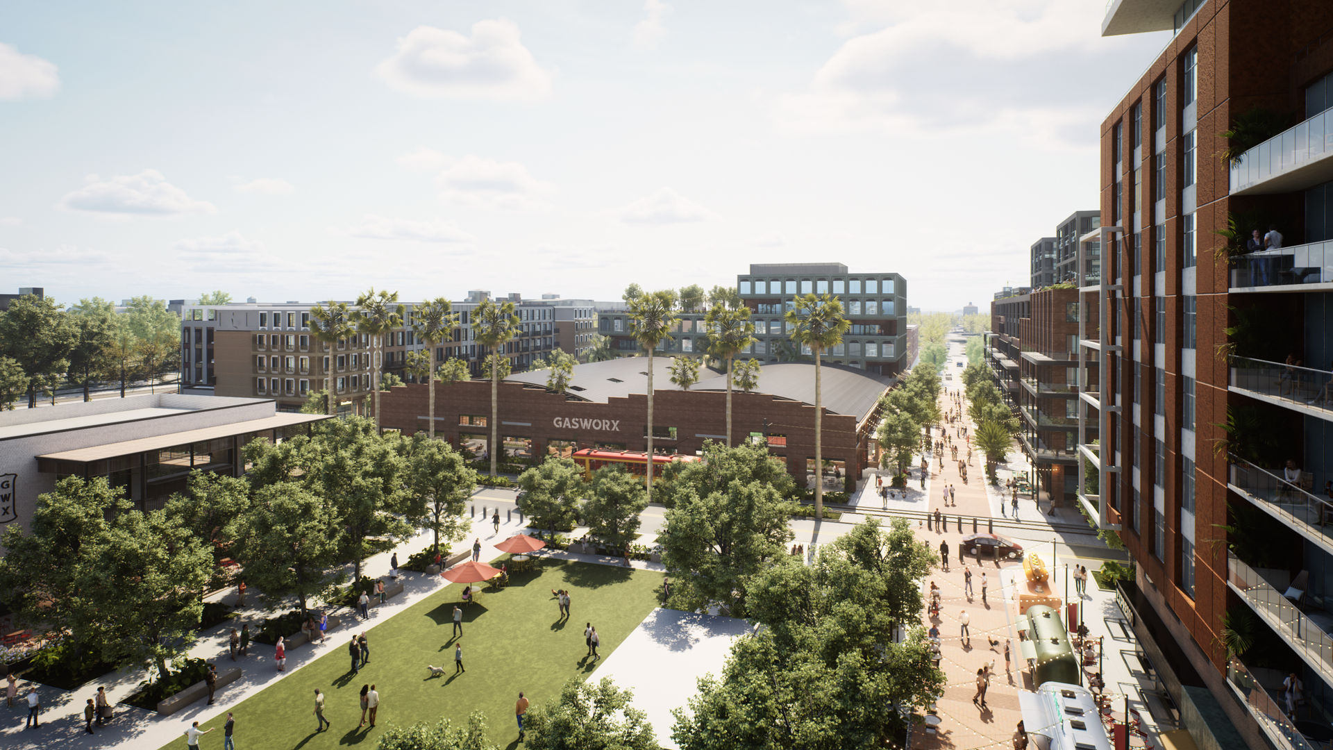 Rendering shows proposed Gasworx Park and planned market, restaurants and offices.
