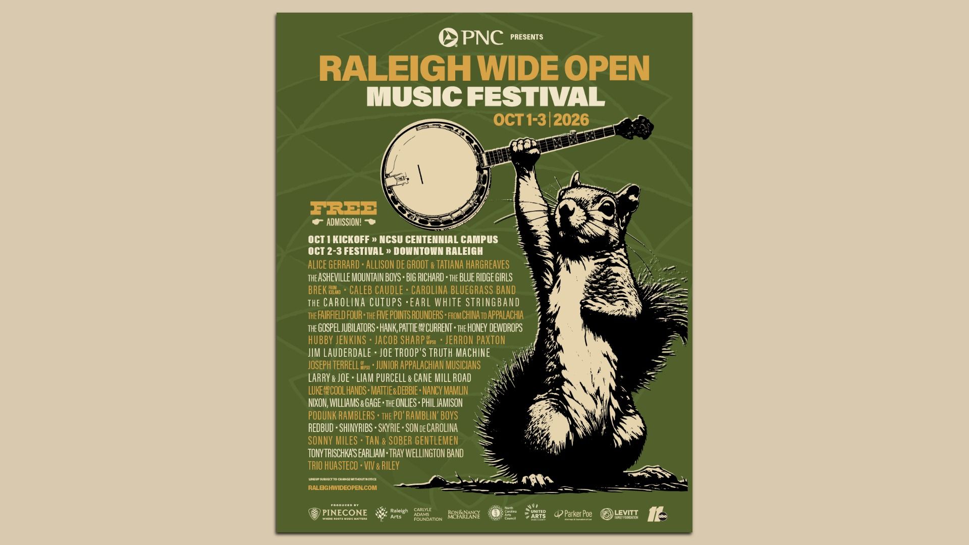 Poster for "Raleigh Wide Open Music Festival" 2026: green background, a koala raising a banjo, bold orange title, white subtitle, Oct 1–3, free admission; lineup text lists acts.