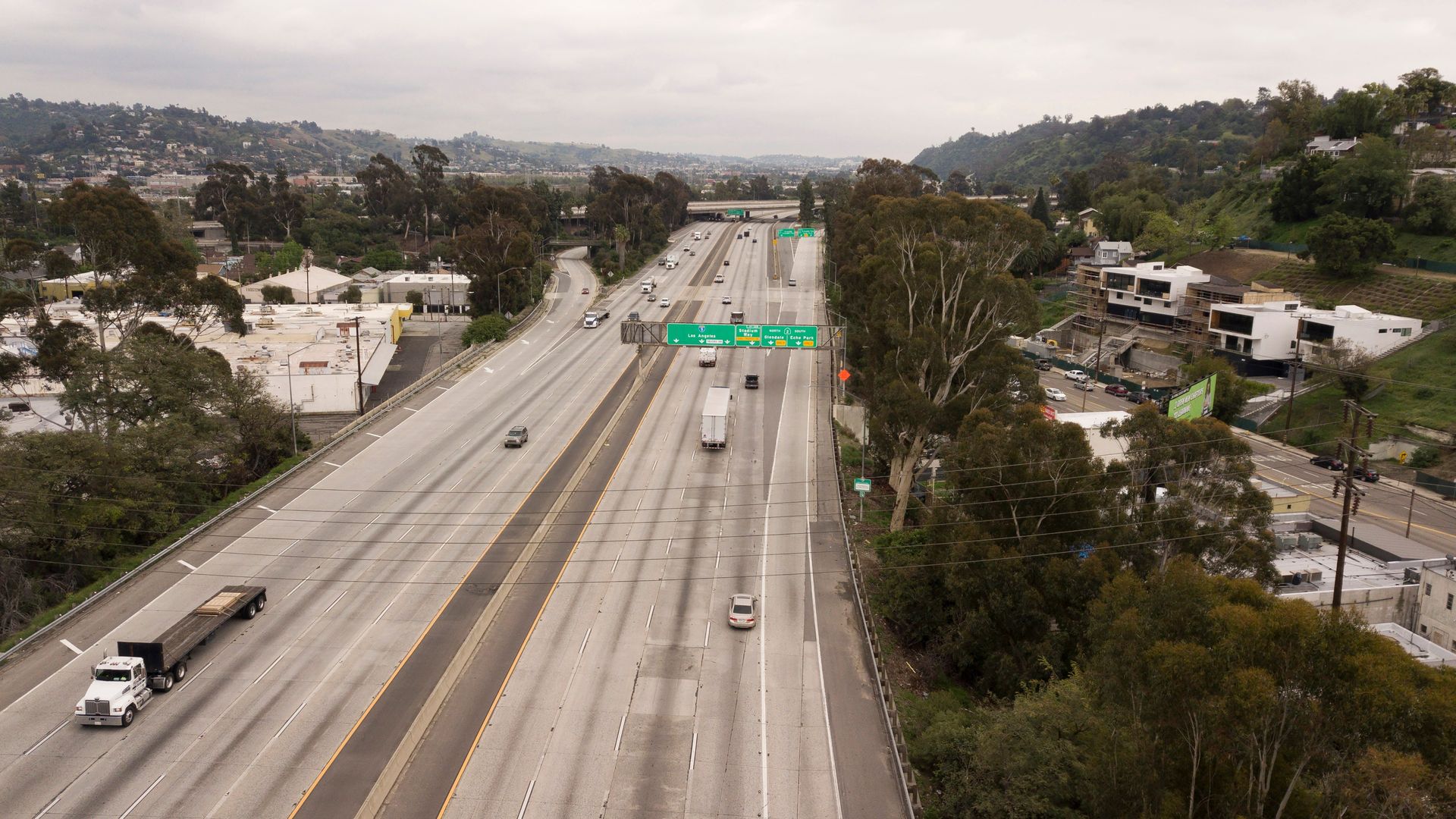 Photo of an empty freeway in San Diego in midday during the pandemic in April 2020
