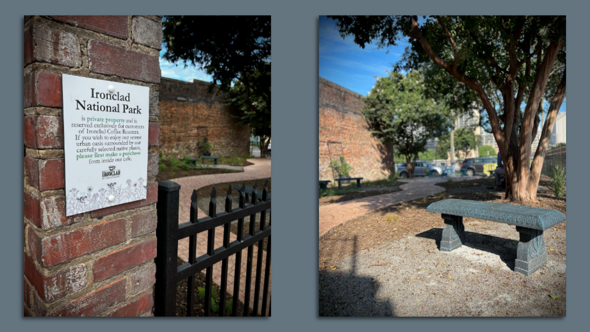 side by side pictures of the new pocket park in Shockoe Bottom 