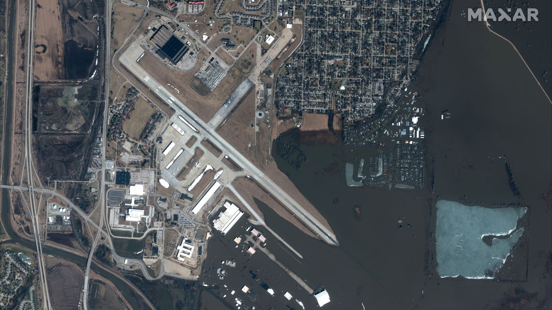 Satellite view of flooding at Offutt Air Force Base in Nebraska.