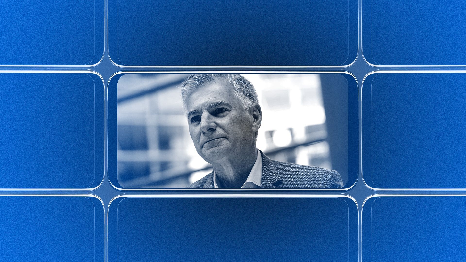 Photo illustration of a grid of smartphone screens, the center one showing an image of Bob Jordan.