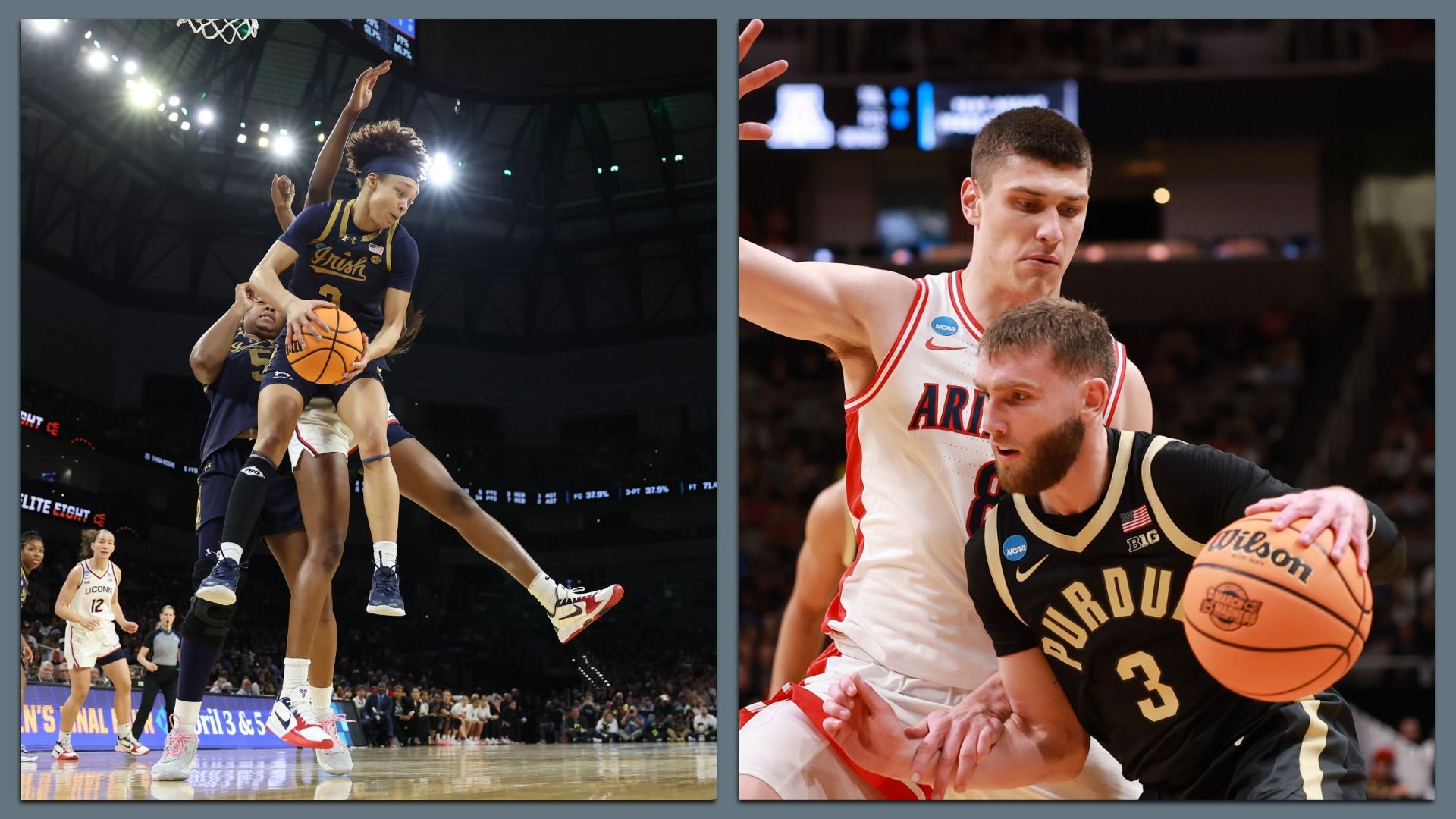 Hannah Hidalgo #3 of the Notre Dame Fighting Irish rebounds, and Braden Smith #3 of the Purdue Boilermakers drives around Ivan Kharchenkov.