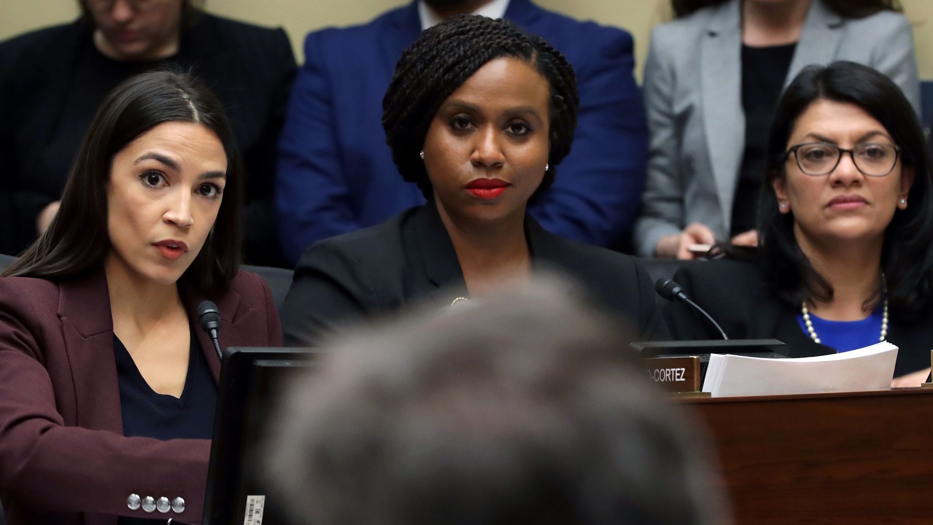 Rep. Alexandria Ocasio-Cortez (D-NY), Rep. Ayanna Pressley (D-MA) and Rep. Rashida Tlaib (D-MI) listen in the House Oversight Committee on Capitol Hill February 27, 2019 in Washington, DC