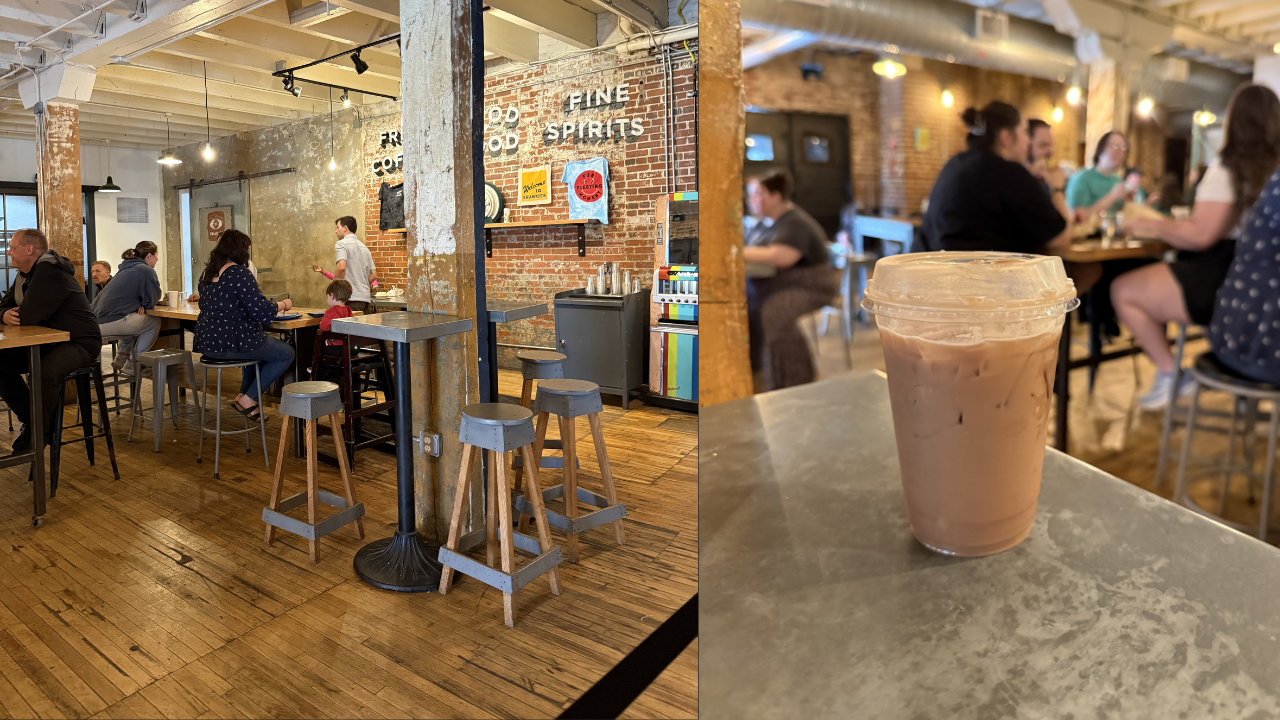 Split view of a brick-walled cafe: left with wooden floors, high tables and stools, patrons; right shows a plastic-cup iced coffee on a metal table, blurred diners in the background.