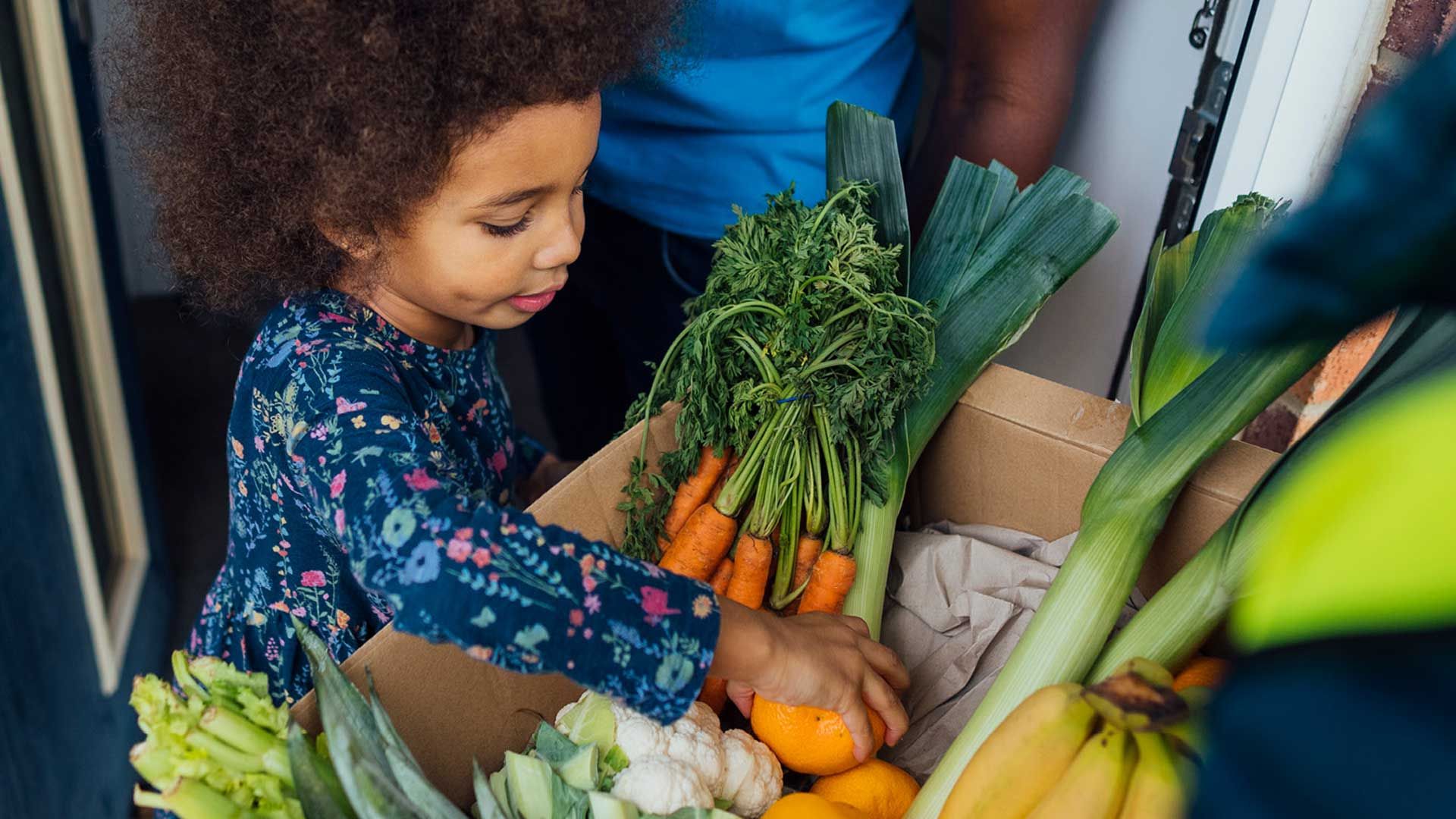 A little girl chooses vegetables