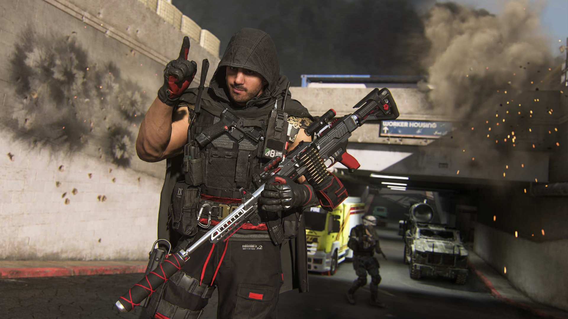 video game screnshot of a hooded man in miliatry gear