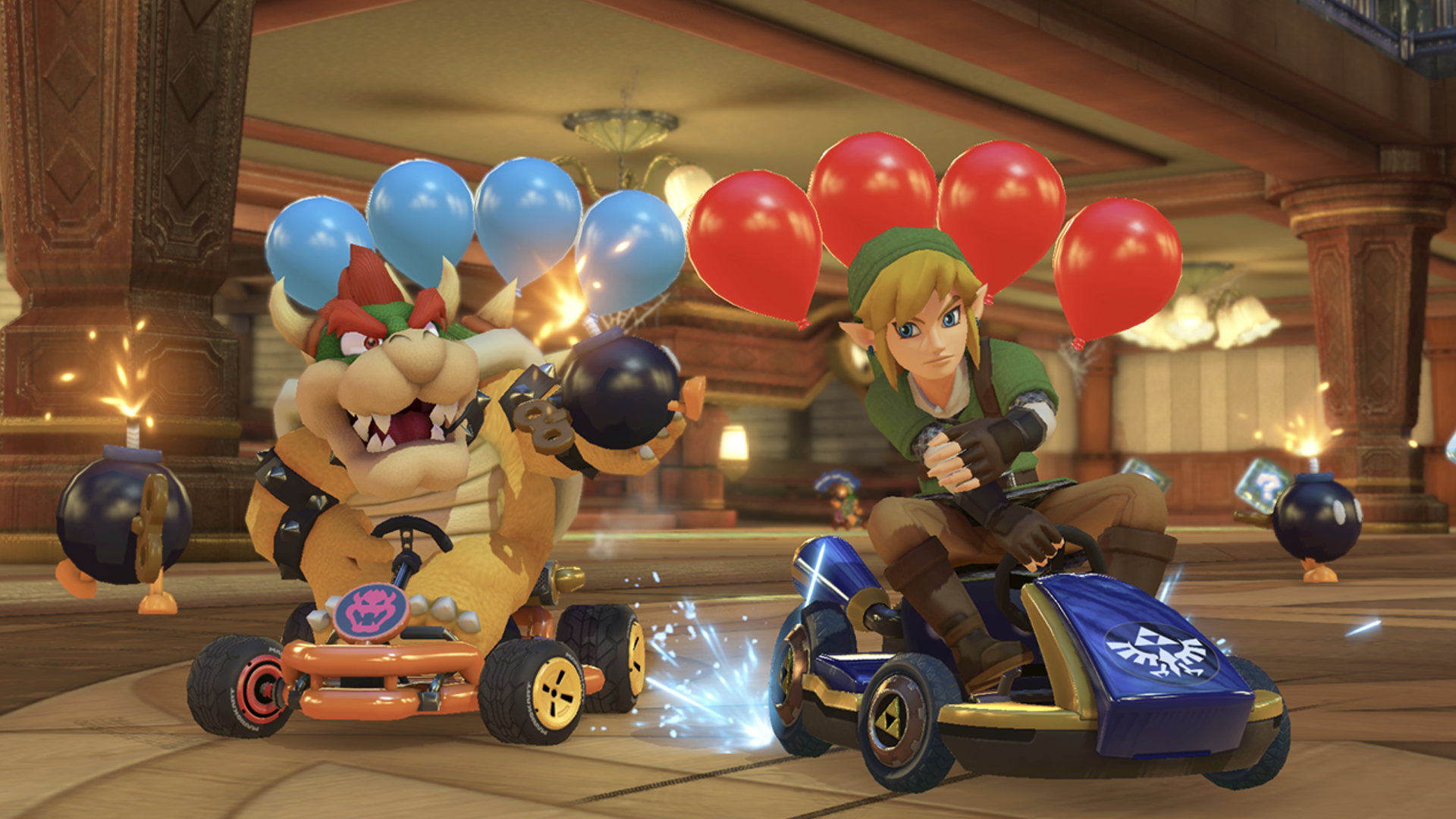 Video game screenshot of a dinosaur and an elf warrior racing go-karts