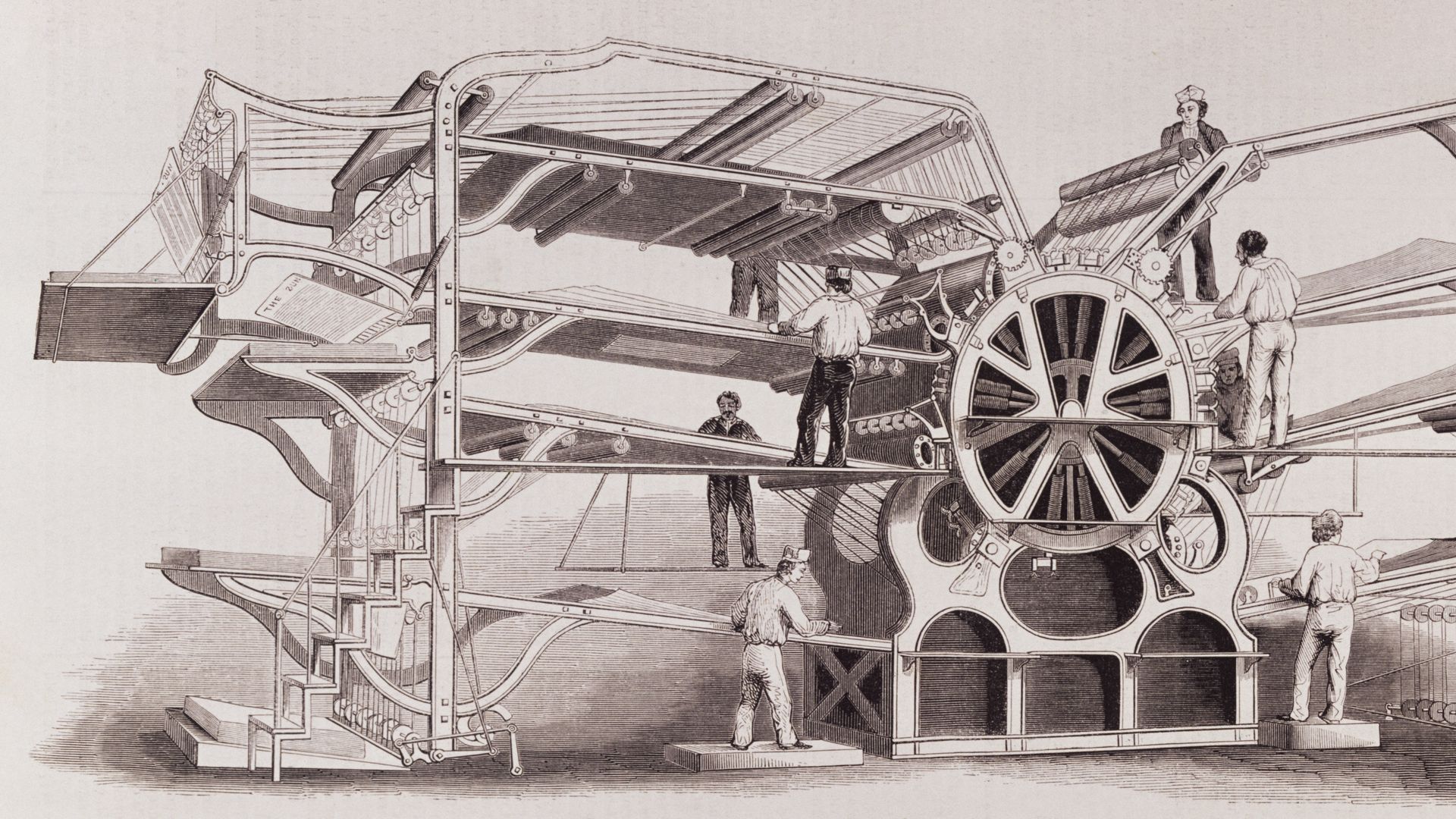 Antique illustration of a 19th-century steam powered printing press