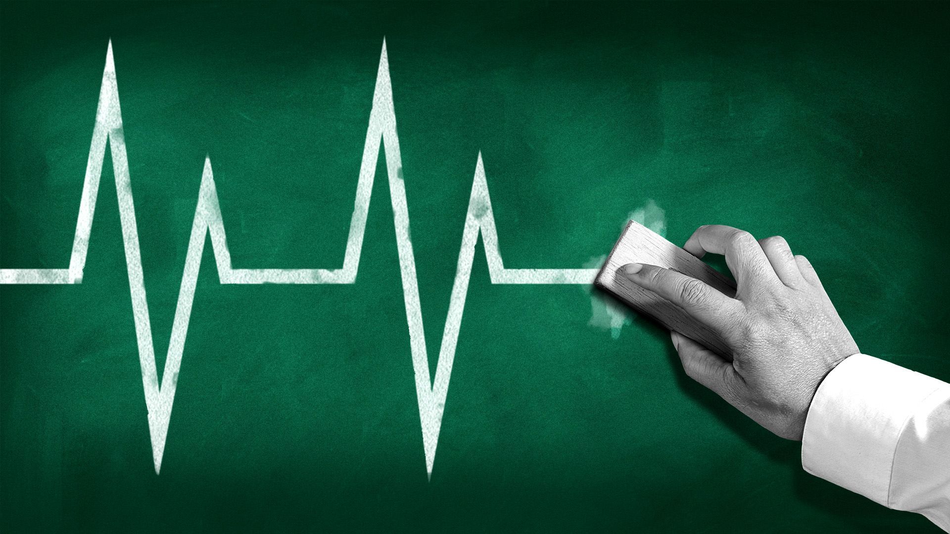 Illustration of a hand erasing a chalk EKG line from a chalkboard