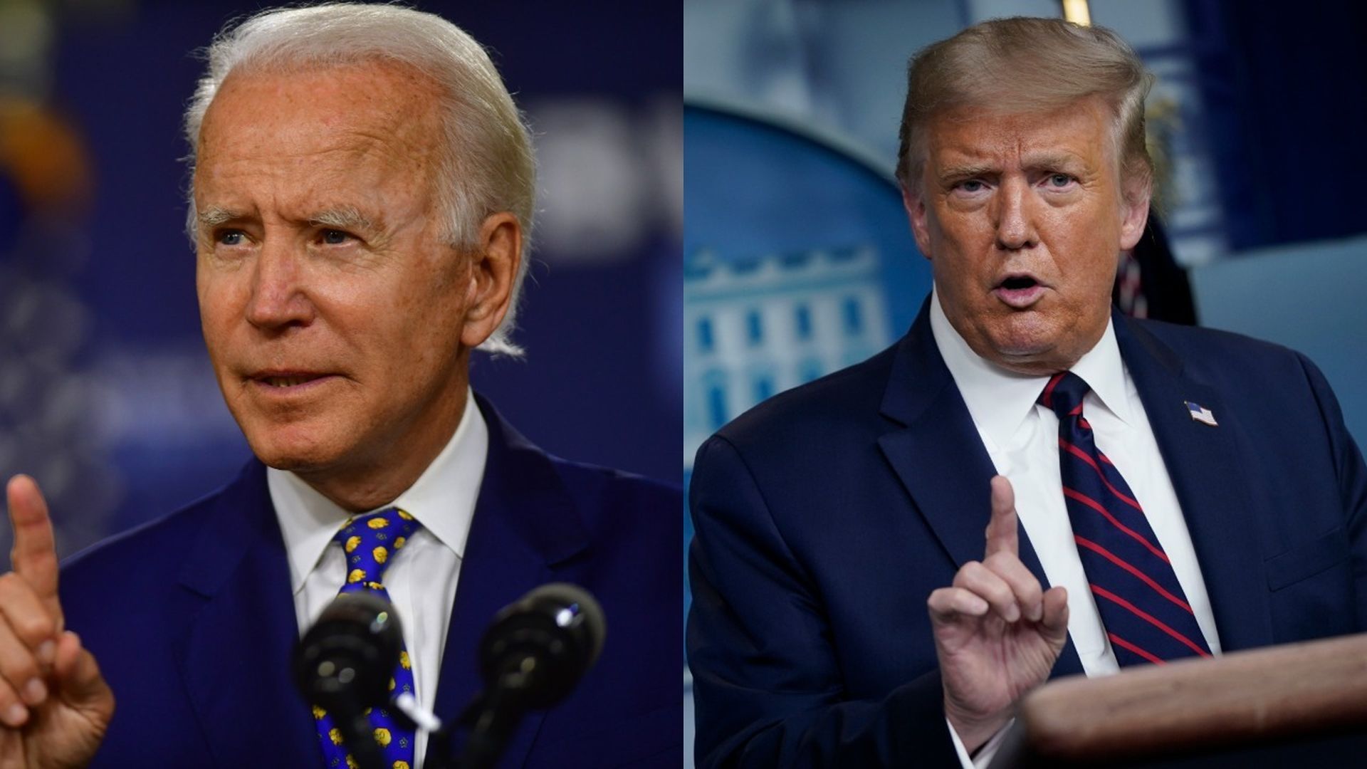 A split screen photo of Biden and Trump.