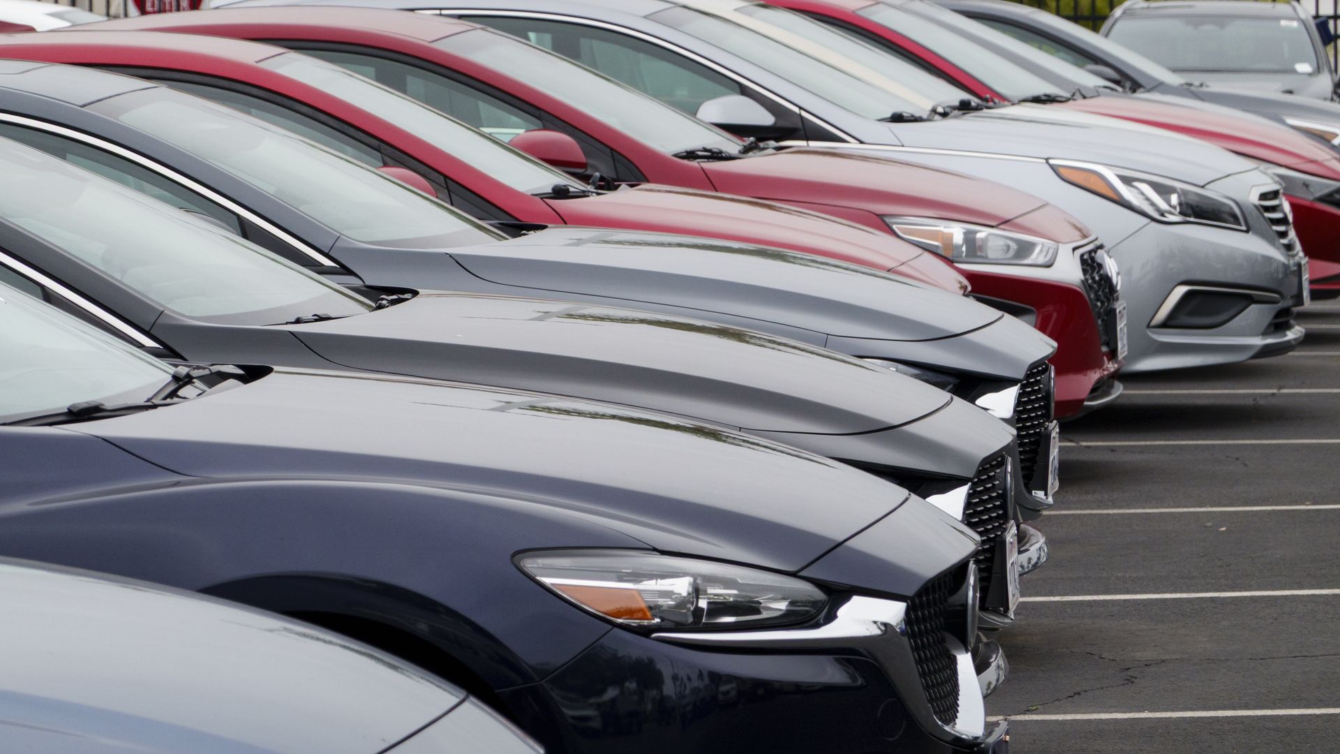 Cars lined up at a California dealership.
