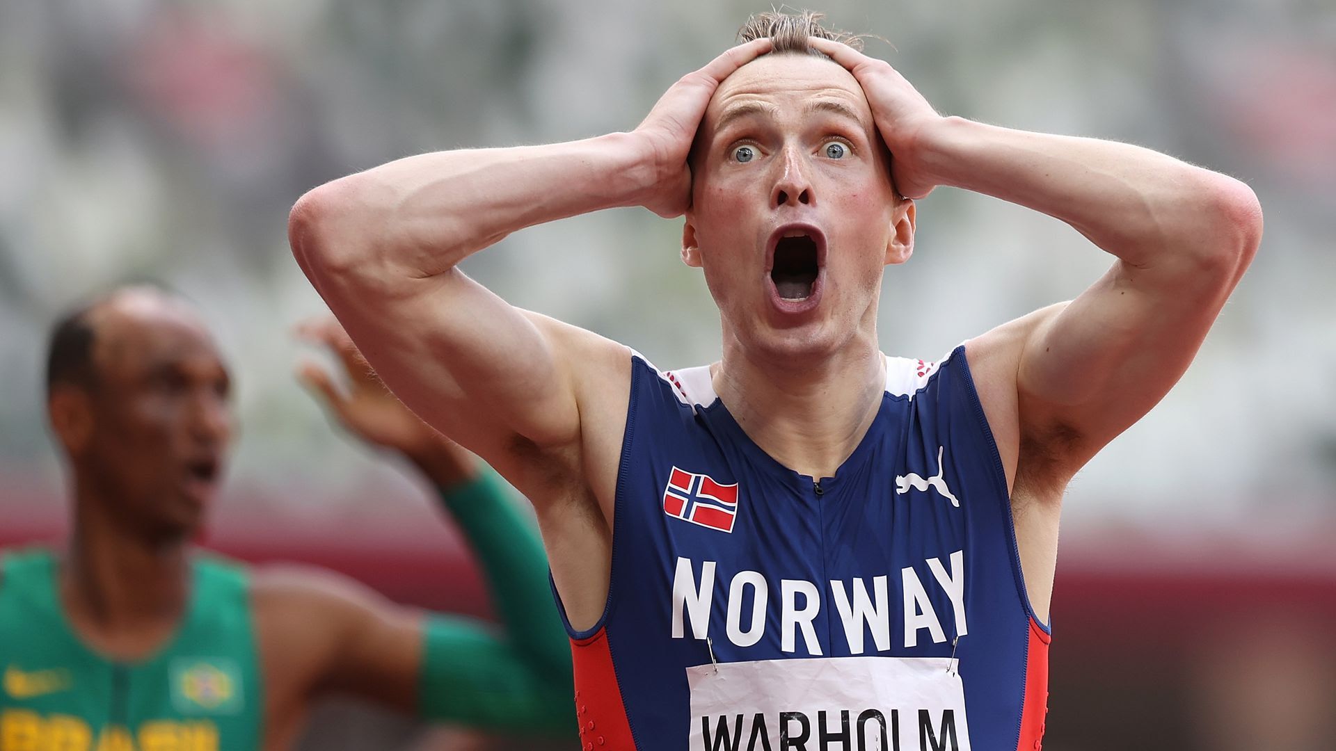 Image showing Norway's Karsten Warholm after winning the 400-meter hurdle race.