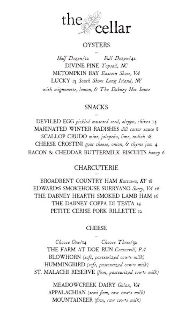 The Dabney Cellar menu