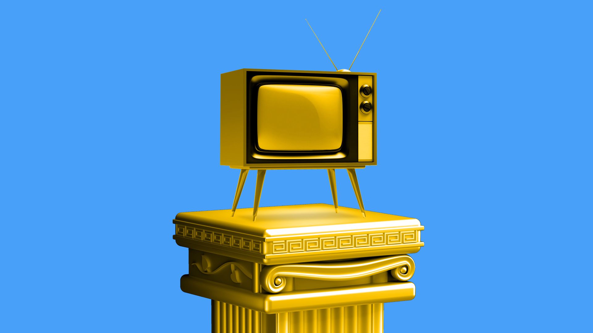Illustration of golden television on top of pedestal 