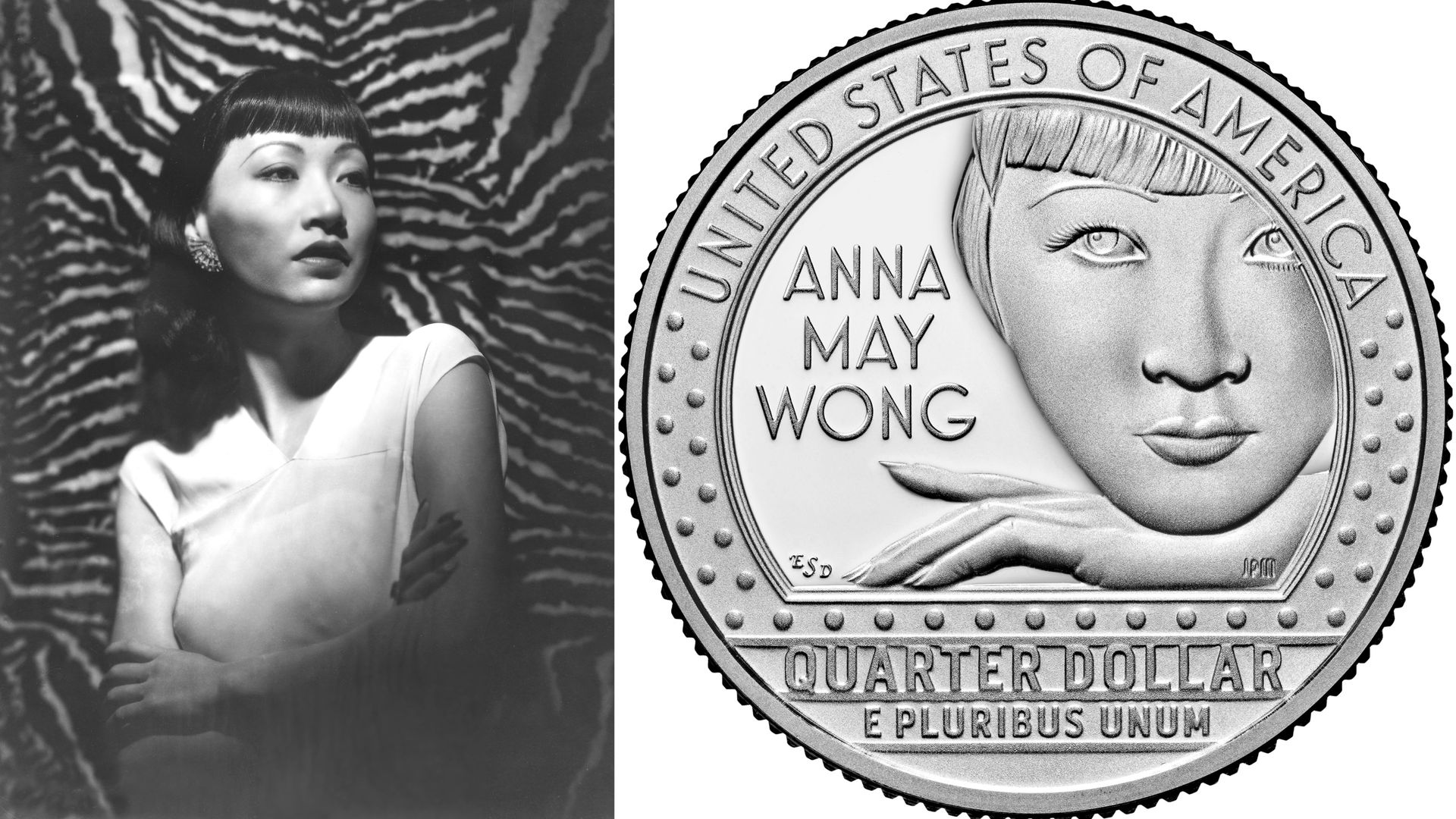 Portrait of Anna May Wong in a dress with her arms crossed next to a design of the Anna May Wong quarter