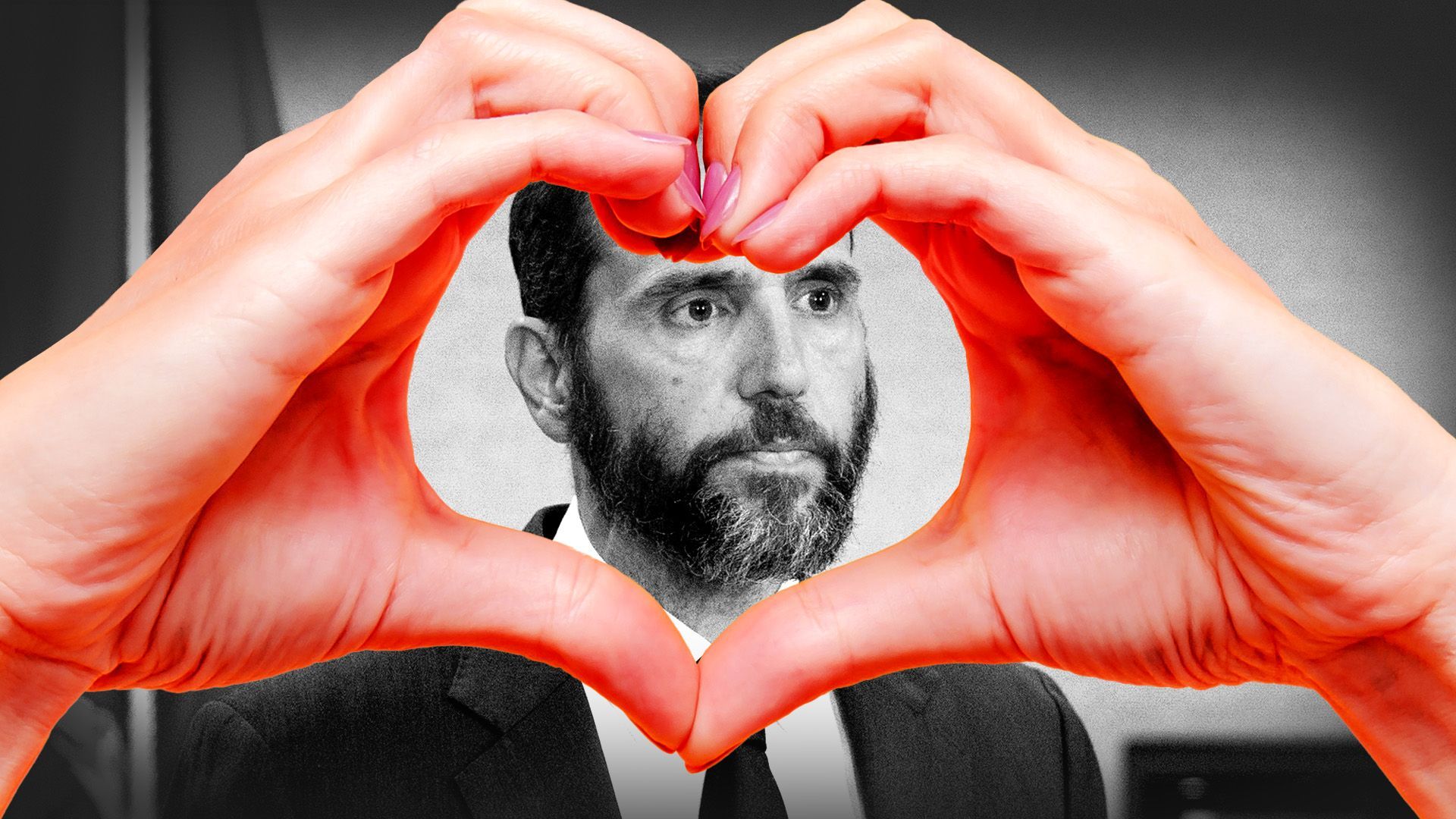Photo illustration of a pair of hands making the heart symbol over a photo of Special Counsel Jack Smith
