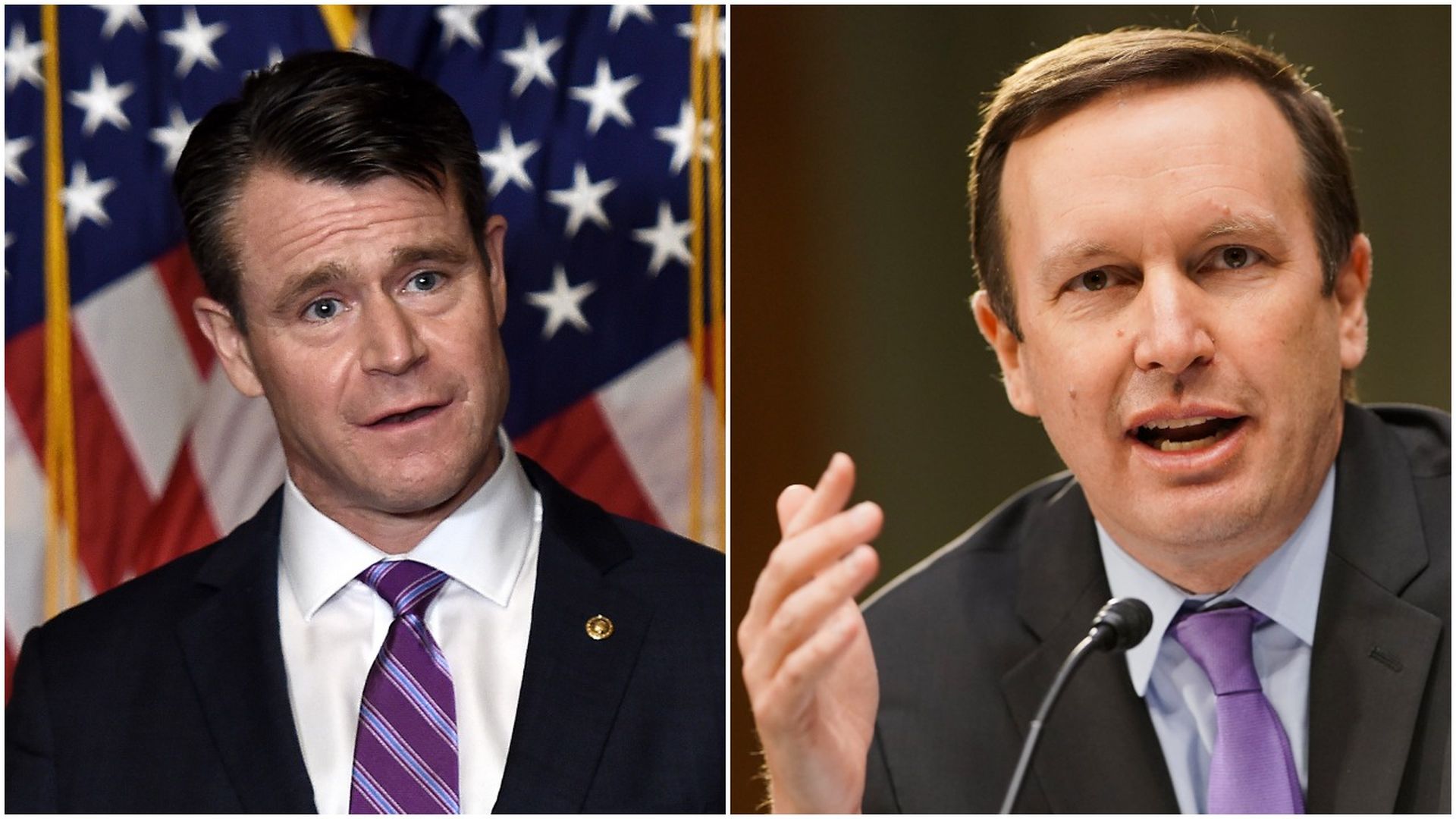 Combination images of Republican Sen. Todd Young and Democratic Sen. Chris Murphy