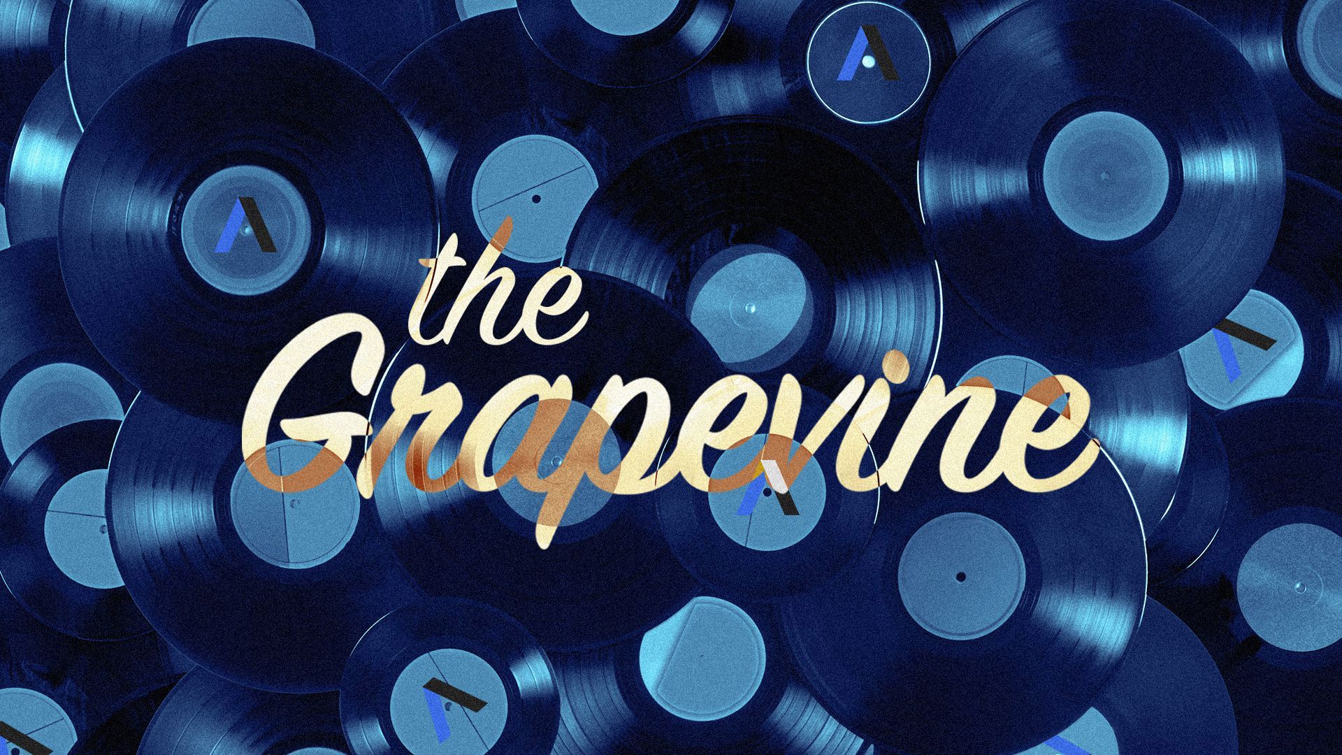 Illustration of text reading "The Grapevine" over a pile of vinyl records.
