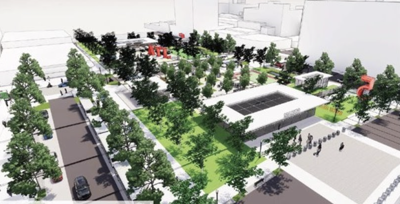 A conceptual rendering of a tree-covered plaza where Five Points station is currently located