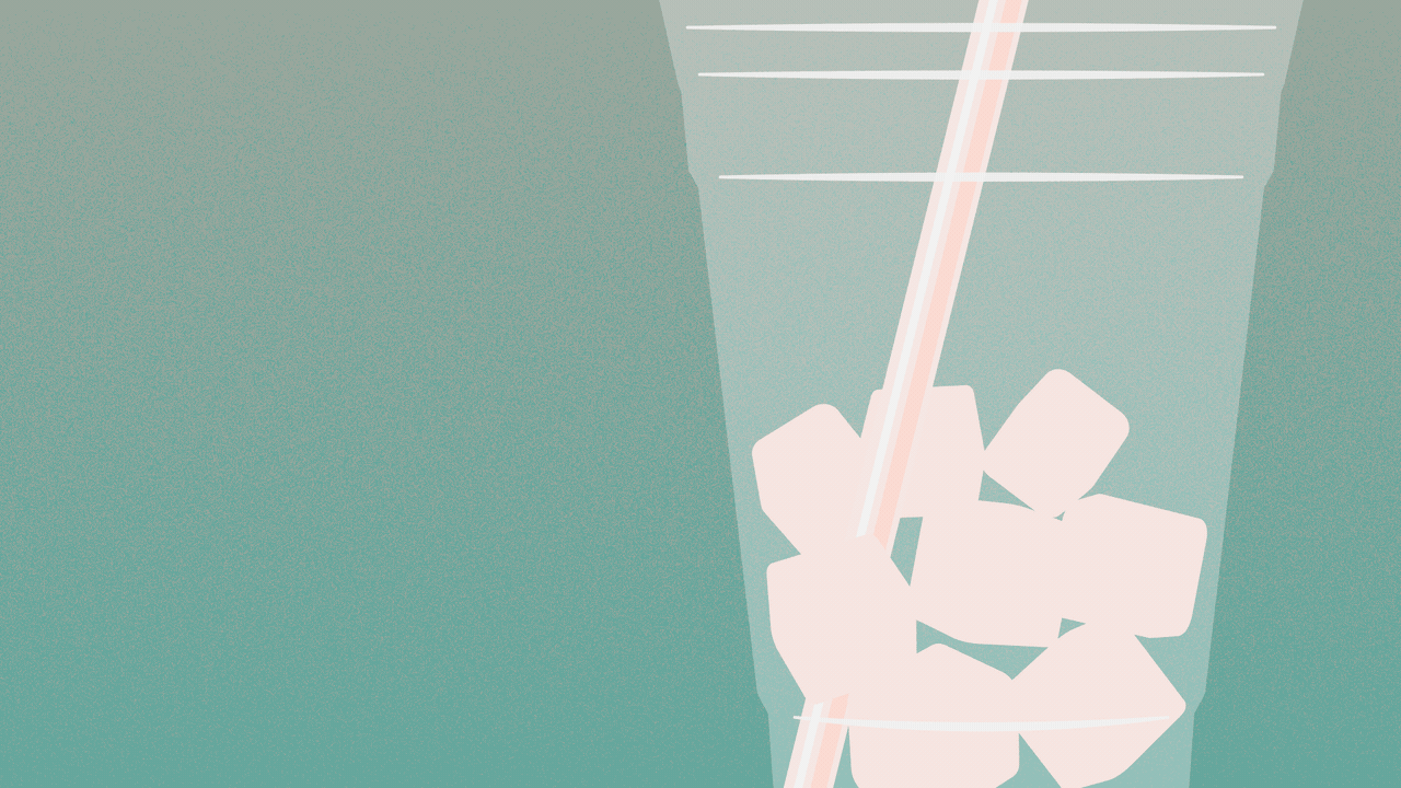 Animated illustration of a cup filling up with soda, and then creamer and flavor syrup being added, before the liquid is drunk through a straw.