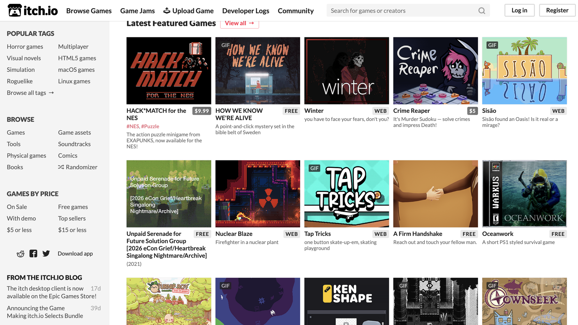 Screenshot of itch.io storefront showing numerous independent games