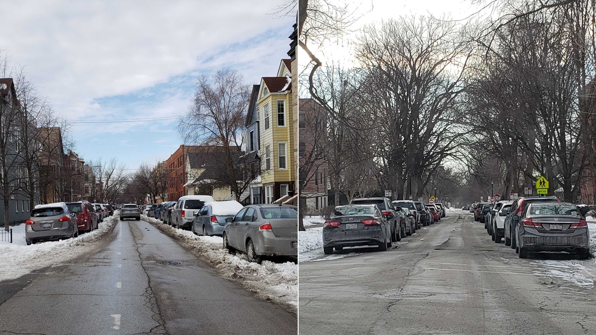 Cars on streets with snow 