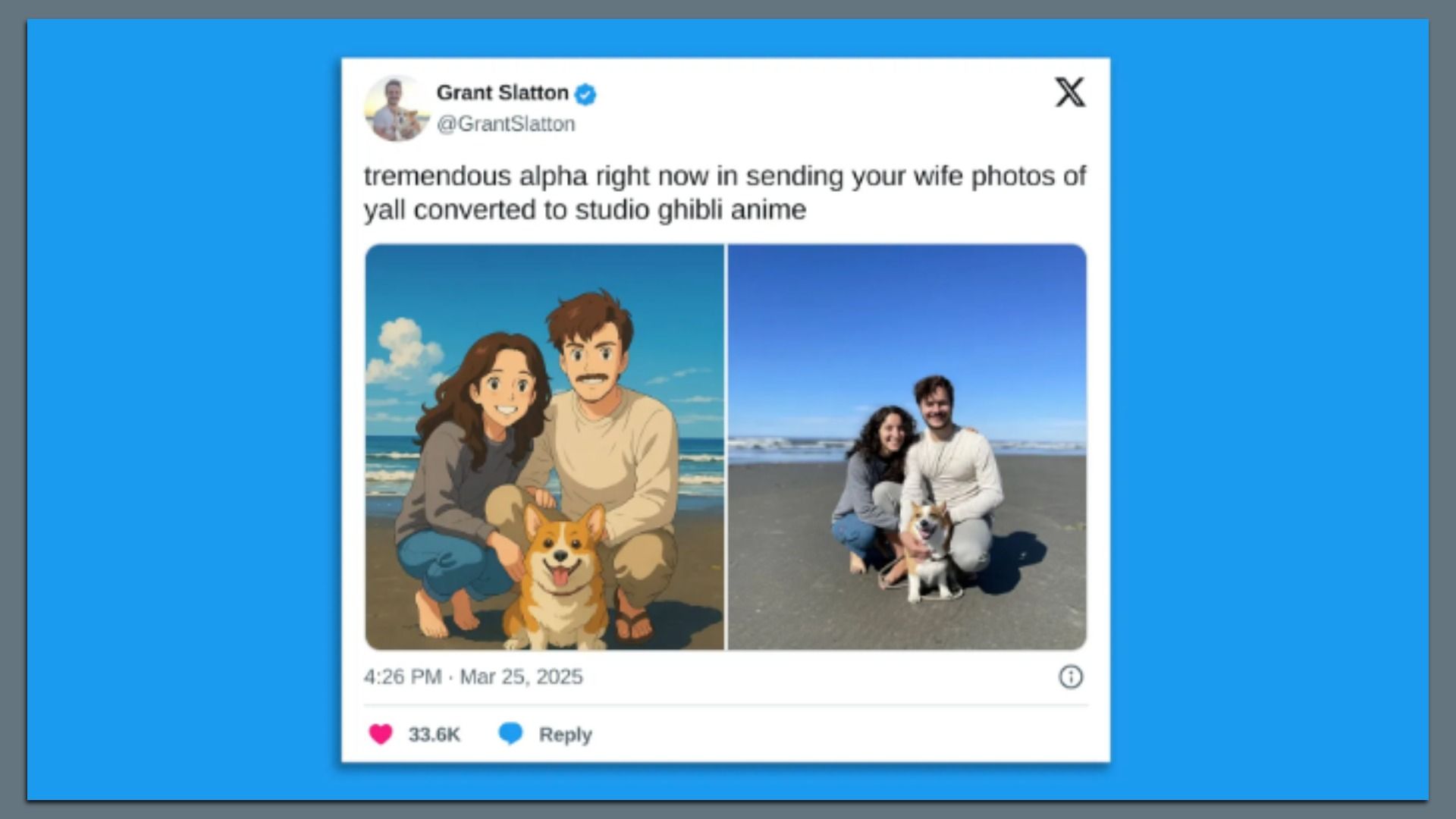 A screenshot of a couple on a beach with a dog created with the generative AI tool ChatGPT.