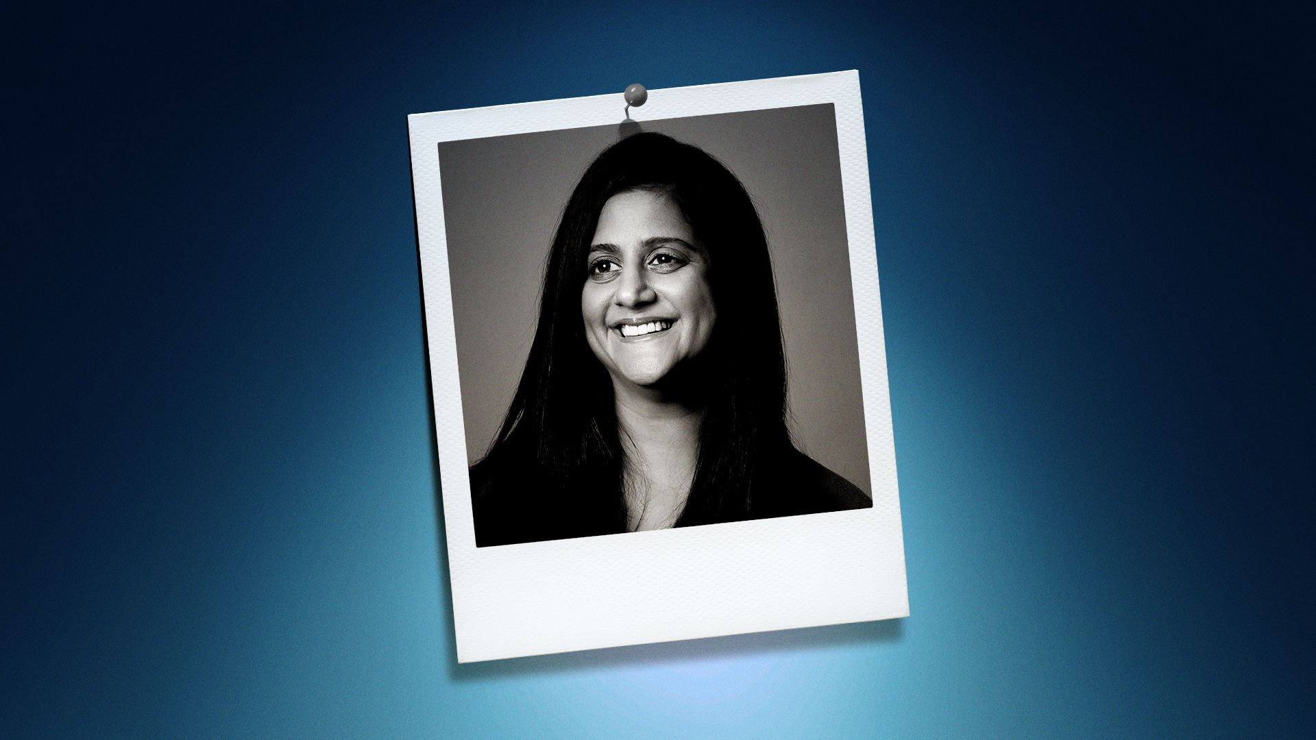 Photo illustration of Bijal Shah in the center of a Polaroid photo under a blue spotlight.