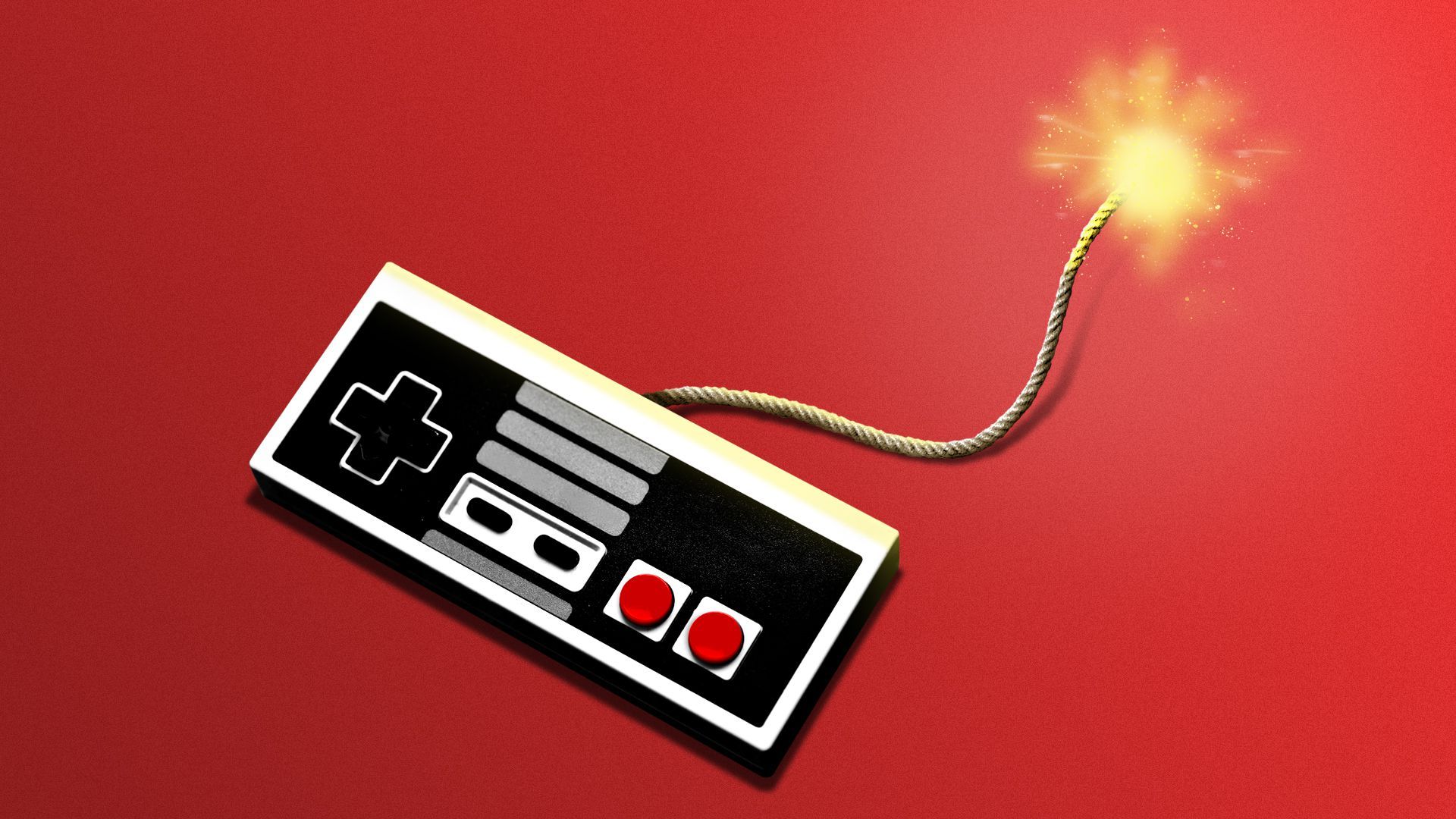 Illustration of a video game controller with a lit bomb fuse