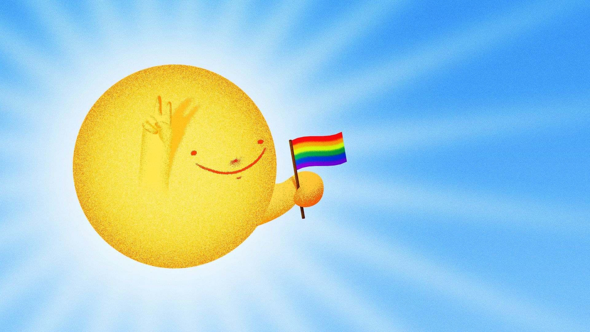 Illustration of a sun holding a pride flag in one hand and giving a peace hand with the other. 