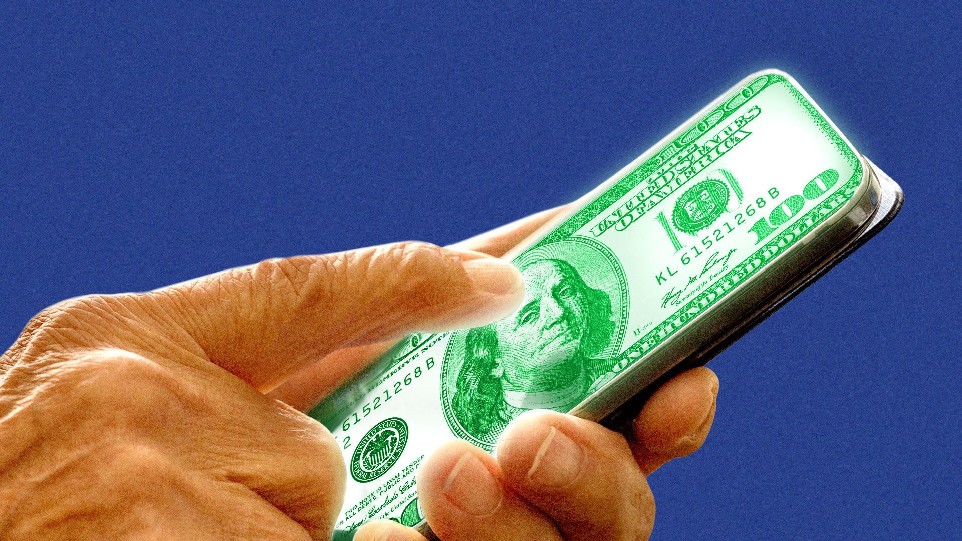 Illustration of an elderly person holding a phone on which the screen is made of a $100 bill.