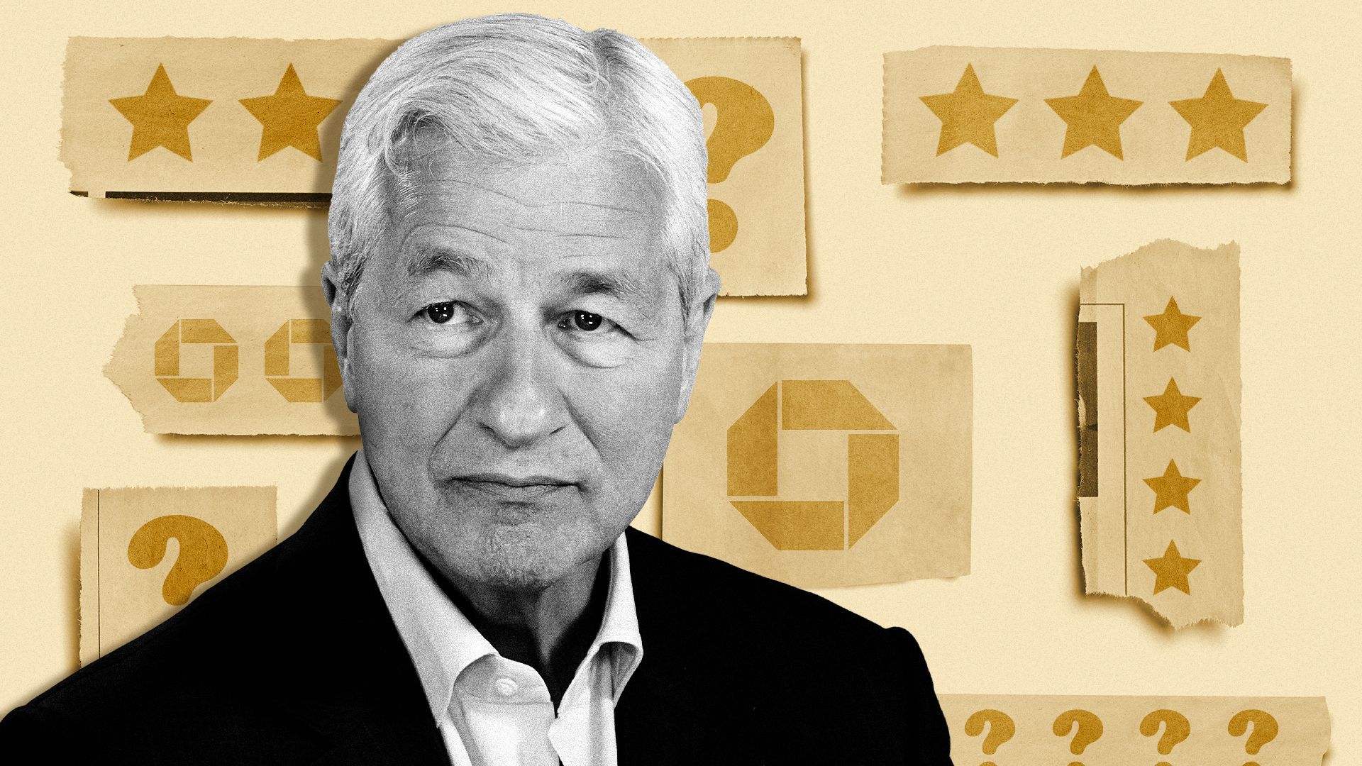 Photo Illustration of Jamie Dimon with ripped newspaper elements with stars, the Chase logo