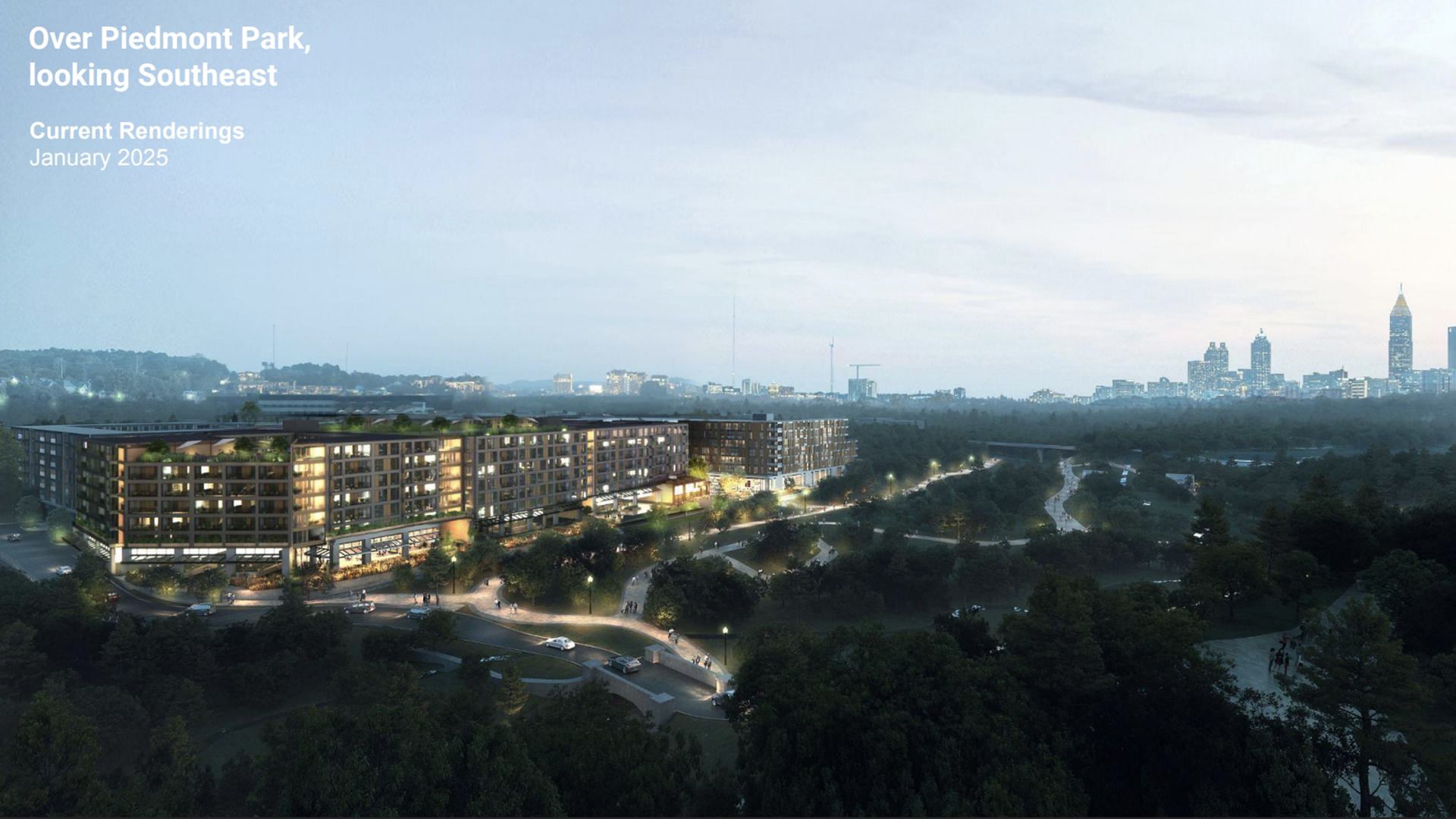 A rendering of three nine-story residential buildings overlooking a park with the Atlanta skyline in the background