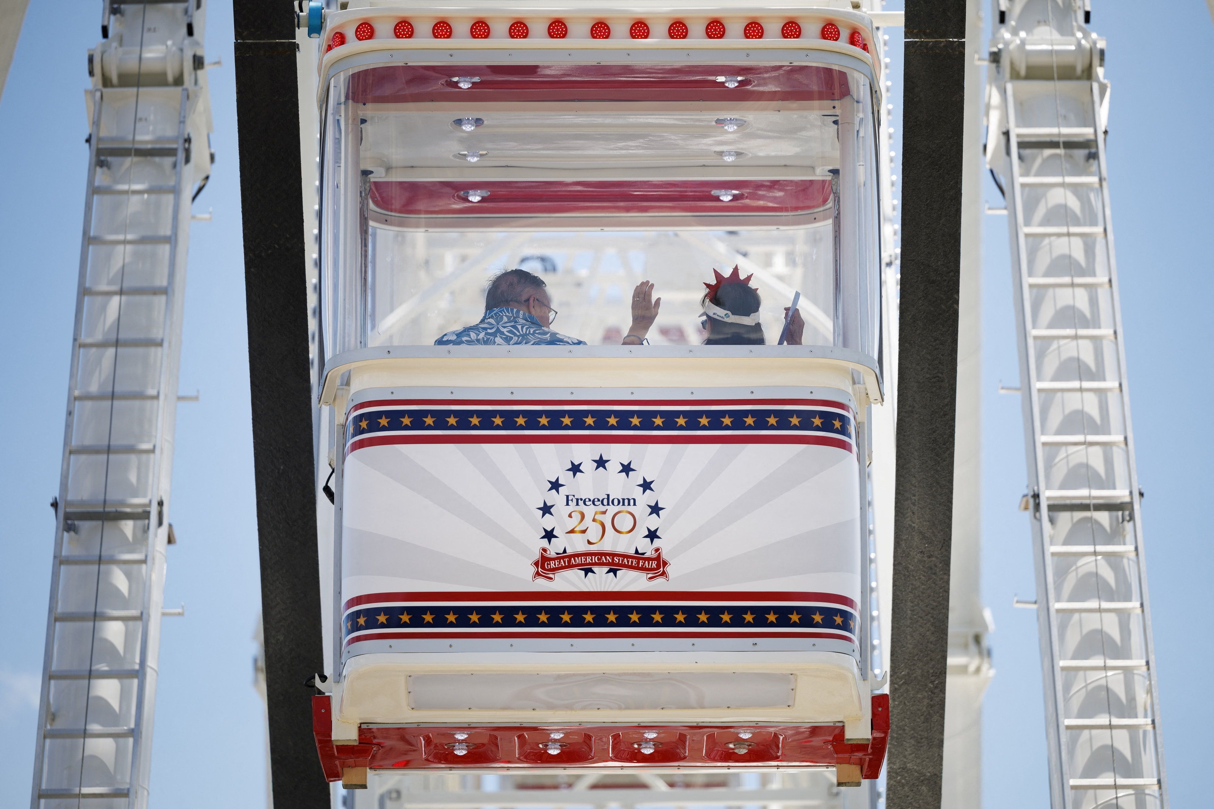 Two people on a ferris wheel