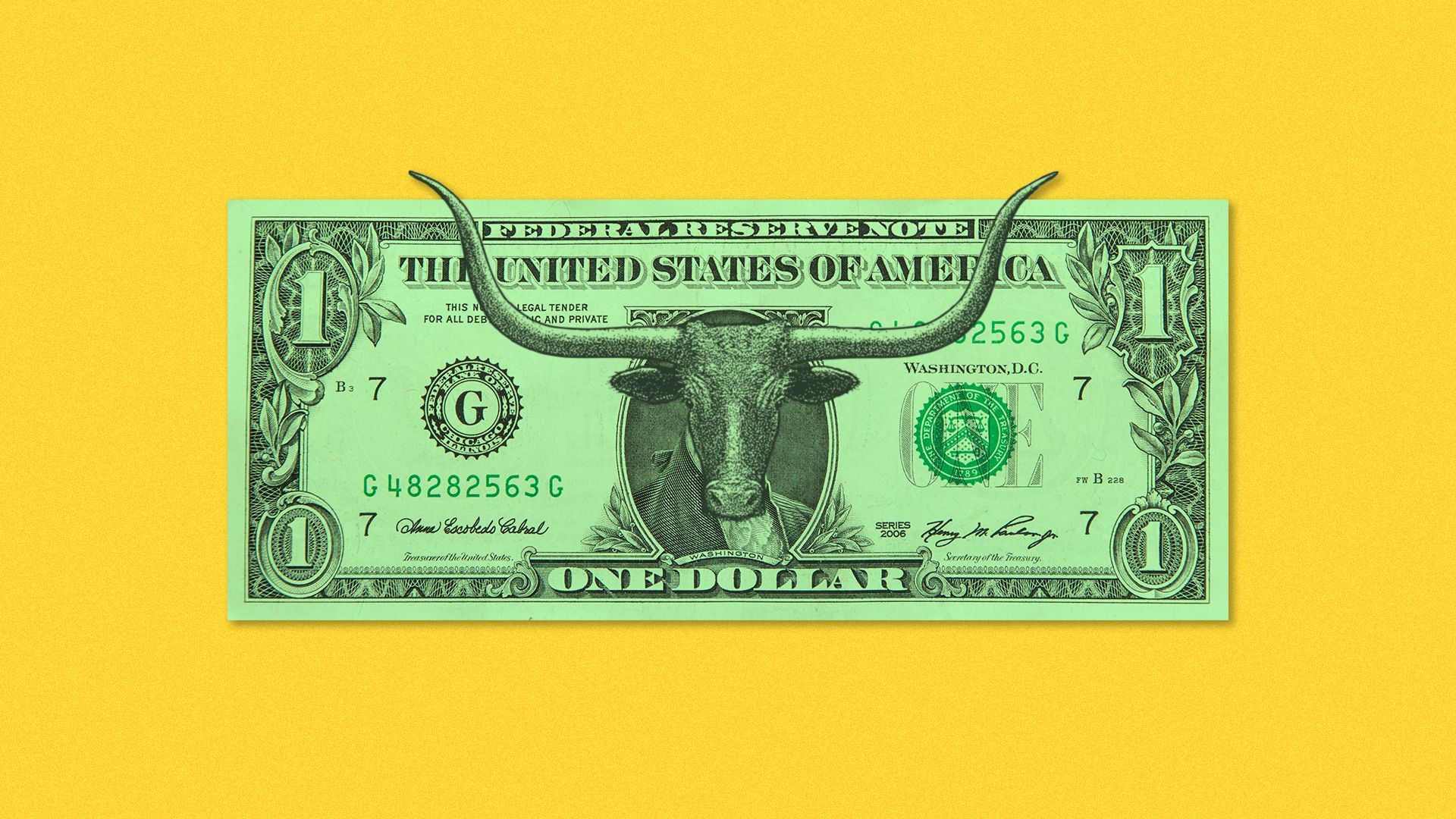 Illustration of a dollar bill with a bull as its face.